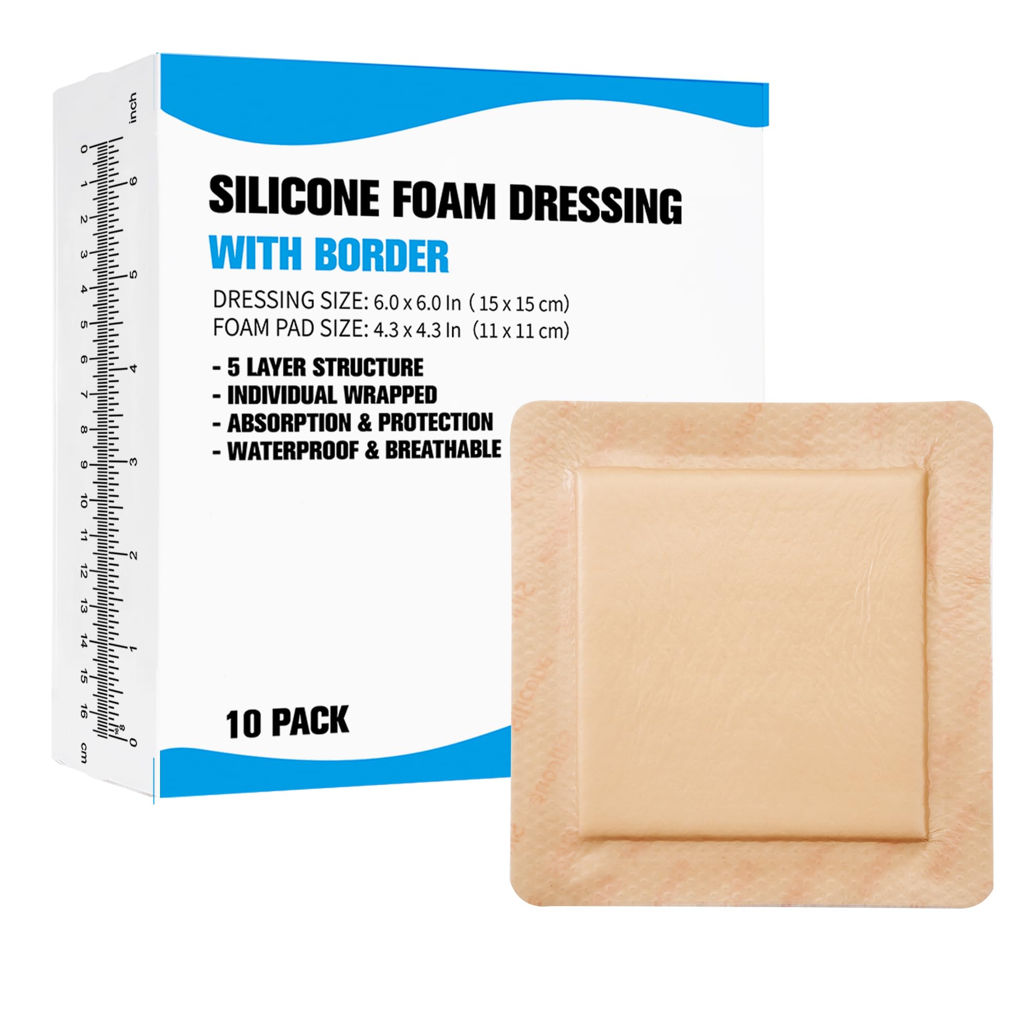 6''x6'' Silicone Foam Dressings with Border 10 Pack, Waterproof Self-Adhesive Bandage Pads, Wound Care Dressing for Bed Sore,Pressure Ulcers, Leg Ulcer