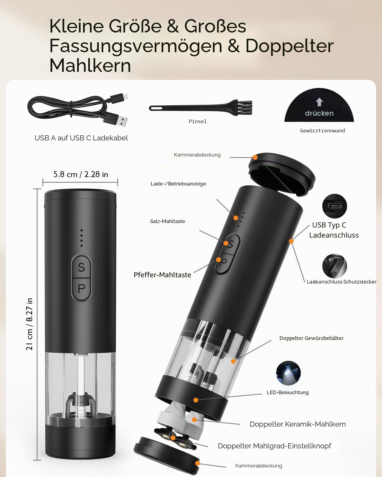 AMOSA Salz und Pfeffermühle Elektrisch, 2-in-1 Doppelbehälter USB Aufladbar, Nachfüllbar Automatisch Pfeffer Und Salzmühle mit LED-Licht, Dual Keramikmahlwerk, Einstellbare Mahlgradstärke, Schwarz
