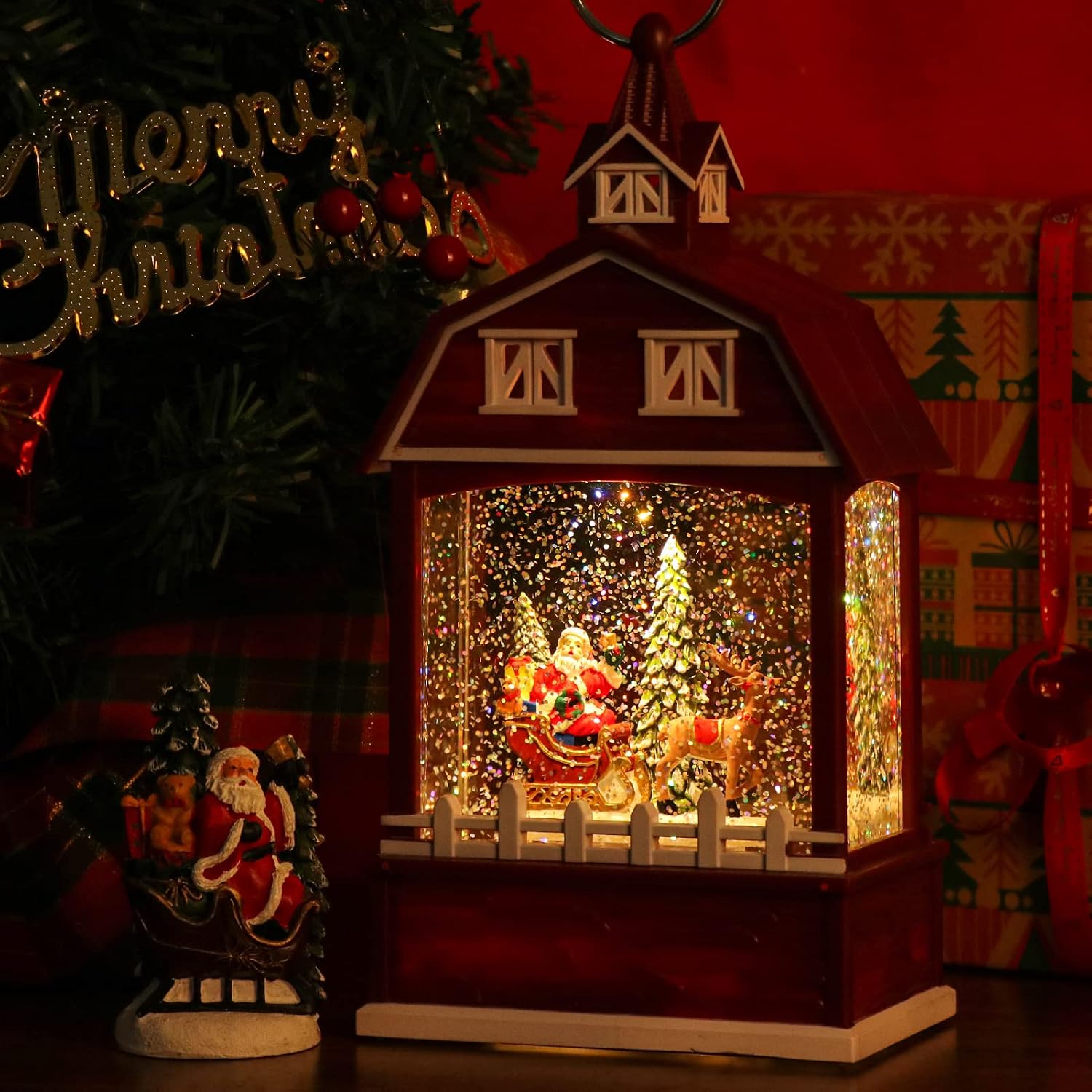 Santa Christmas Musical Snow Globe Lantern with 6 Hour Timer | Battery Operated USB Powered, Red Singing Snow Globe Lamp, Spinning Water Swirling Glitter, Holiday Decor Xmas Gifts
