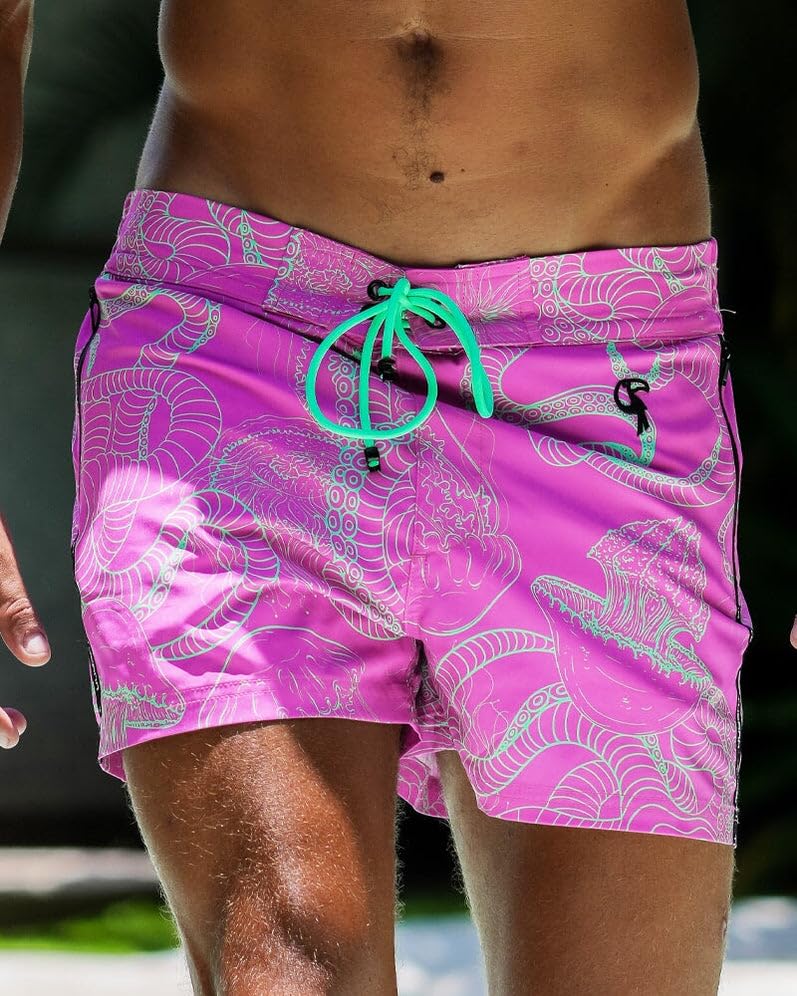 Jelly-Ink Swim Trunks (3" and 5") - 4 Way Stretch, Quick Dry, Chlorine Resistant, Built in Compression Liner (US, Alpha, Large, Regular, Regular, 3" Inseam, Purple)3