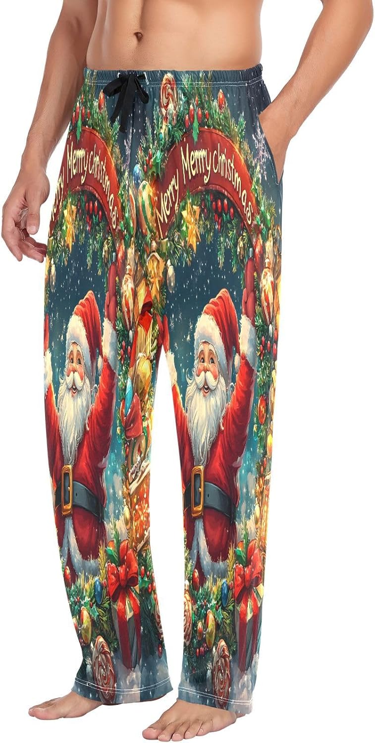 ALAZA Christmas Wreath Santa Claus Men's Pajama Pants Men Cotton Pajama Bottoms with Pockets, S