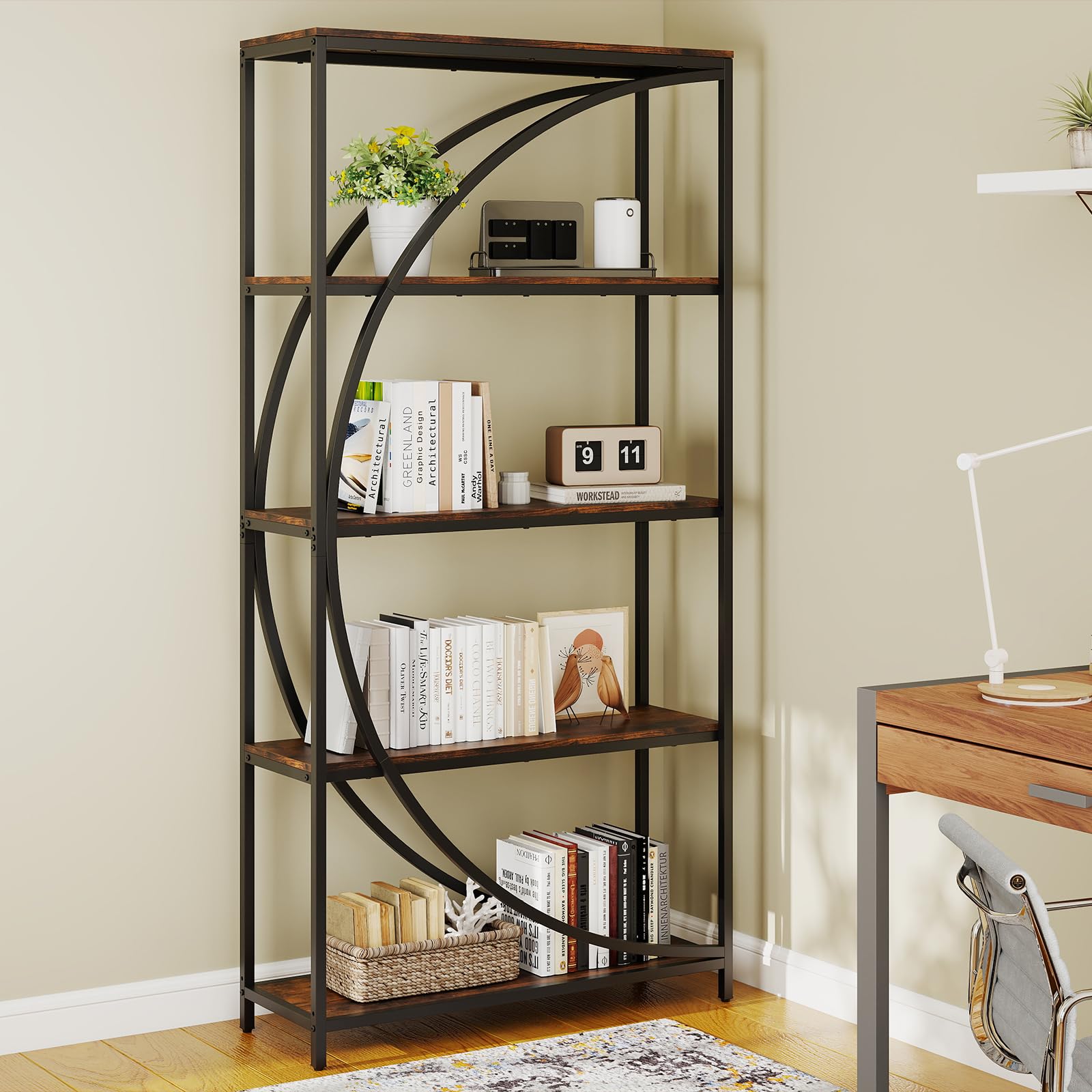 GIANTEX Estantería Alta de 5 Niveles, Librería Independiente en Forma de Media Luna con Estructura de Metal, Mueble de Exhibición para Salón, Estudio, Oficina, 86 x 30 x 175 cm (Marrón)