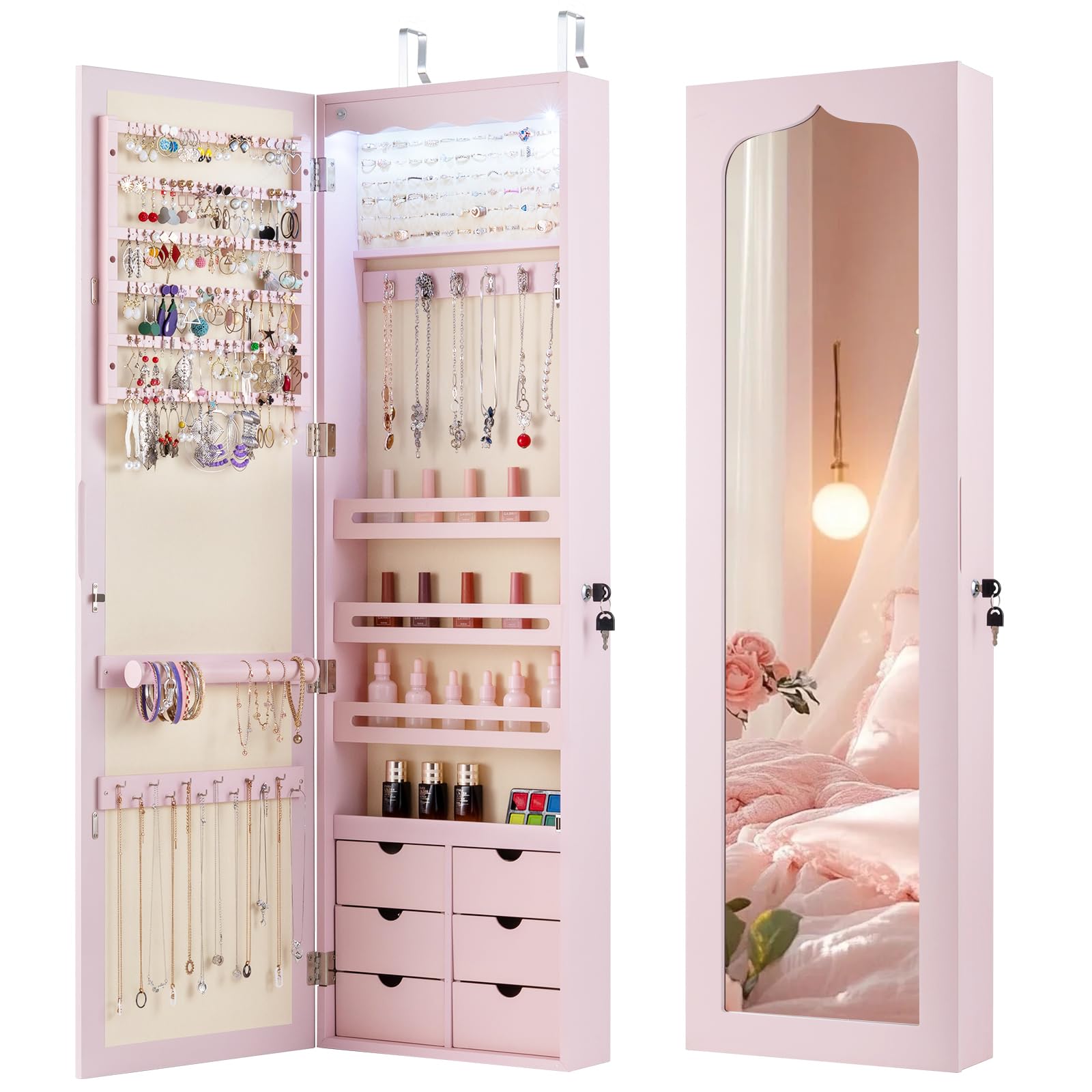 RELAX4LIFE Armoire à Bijoux Murale avec Miroir, 5 Lumières Automatiques, Miroir Rangement Bijoux avec 6 Tiroirs pour Boucles d'Oreilles Colliers Cosmétiques (Rose | Tiroir en MDF)