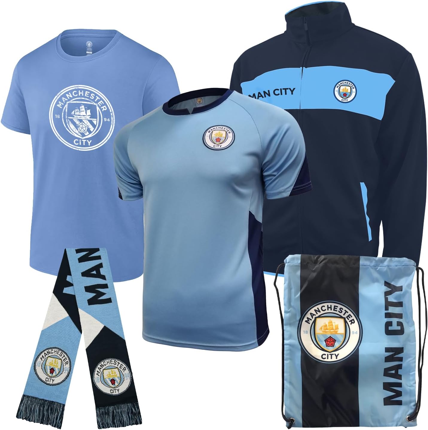 Icon Sports Ultimate Fan Pack: Officially Licensed Manchester City Soccer Bag, Scarf, Jacket & Shirts 5-Piece Value Set