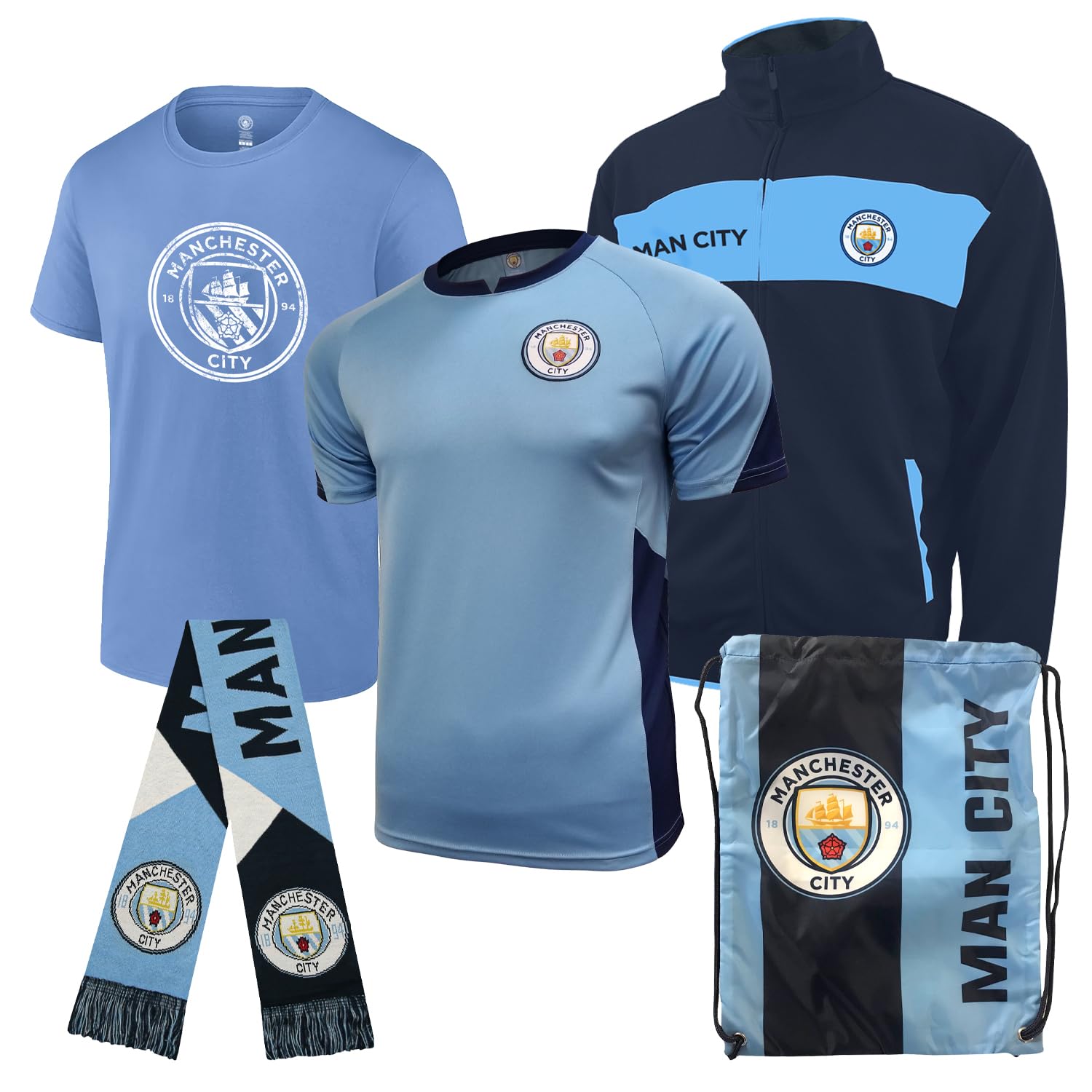 Icon Sports Ultimate Fan Pack: Officially Licensed Manchester City Soccer Bag, Scarf, Jacket & Shirts 5-Piece Value Set