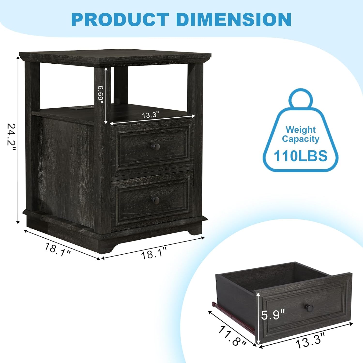 Vipbear Farmhouse Nightstand 18" Dark Gray End Table with Charging Station & 2 Drawers, Rustic Bedside Table with Storage Shelf for Bedroom, Living Room,18.1" D x 18.1" W x 24.2" H