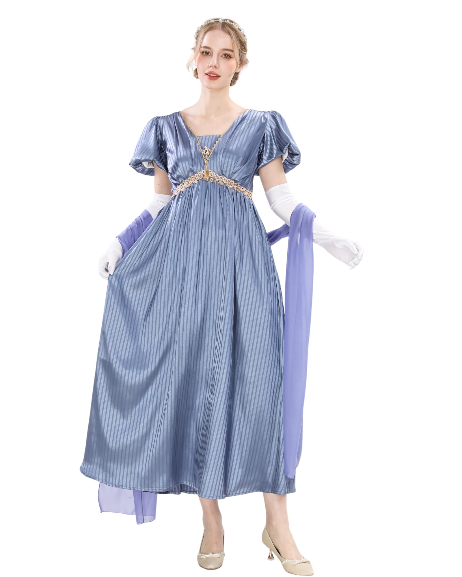 Abito da donna Regency Jane Austen lungo Vintage Abito da ballo vittoriano, con guanti, stile impero