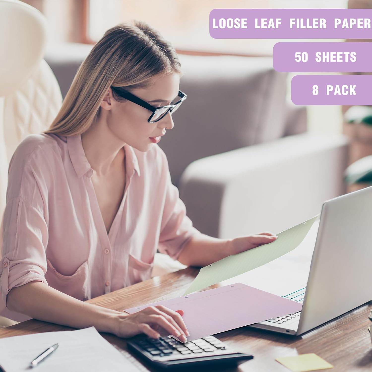 PerKoop 8 Pack 400 Sheets Colored Lined Loose Leaf Paper 8 x 10.5'' Wide Ruled, 3 Hole Punched Notebook Filler Paper for 3 Ring Binders Back School Classroom Office Supplies (Macaron Color)