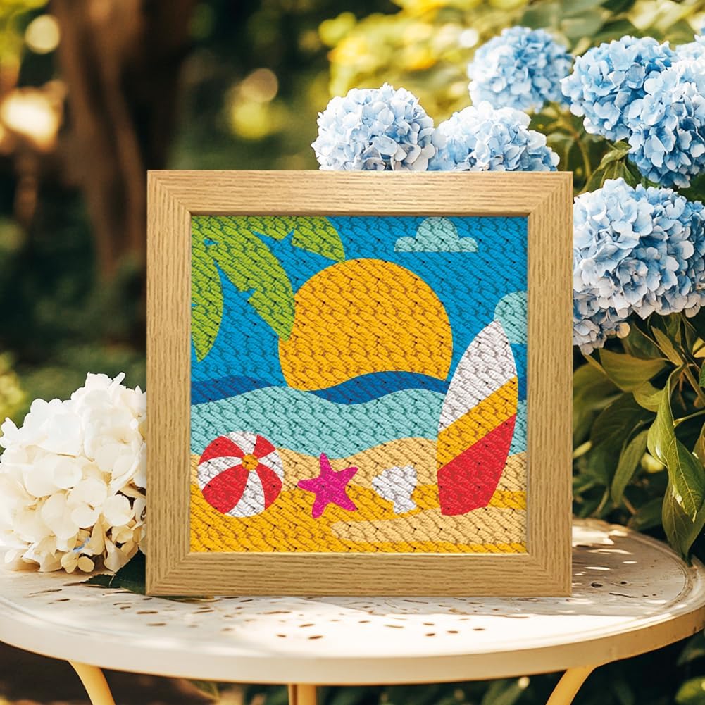 ORIGACH 2 Set Embroidery Punch Needle Kit with Frame, Summer Beach Needle Punching Kit with Patterns, Threads, Tools & Instructions for Beginners & Adults, DIY Wall Hanging Decor
