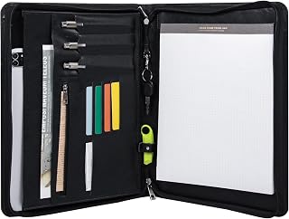 Calfinder Leather Portfolio Organizer, Resume Folder with Key Holder, with Pocket to Hold 13" Laptop/pad, Pen Slots & Card Holder, Legal Pad Size Notebook Holder for Men, Black