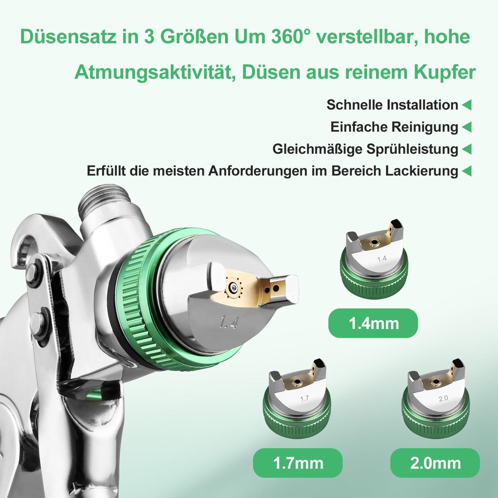 RRJ HVLP Lackierpistole Spritzpistole Kit mit 3 Düsen 1,4/1,7/2,0mm & 20 Unzen (650 ml) Einweg-Farbspritzpistolenbecher, Farbpistole Lackierpistole Druckluft, für Möbel, Wand, Zaun, Türen, DIY (Grün)
