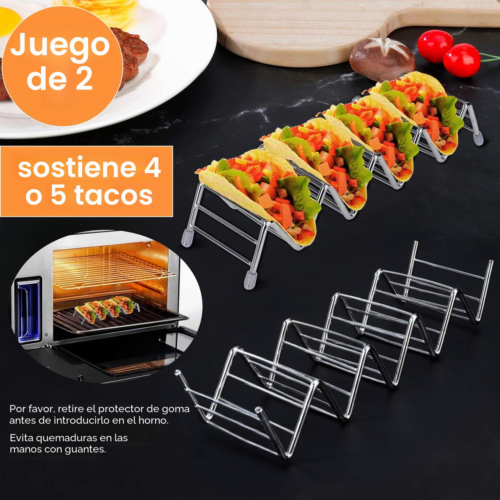 Soporte de taco, acero inoxidable, 4 bolsillos, taco, forma de onda, herramientas para utensilios de cocina, para duros, blandos, cáscara, 2 piezas