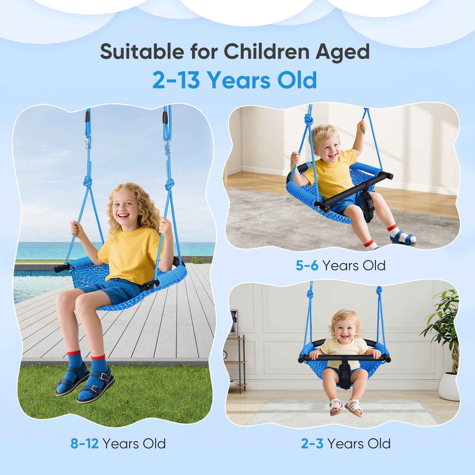 Columpio infantil 3 en 1 para exteriores, tejido a mano, cómodo y transpirable, columpio de altura ajustable para exterior, interior, jardín, parque infantil, capacidad de carga máxima 150 kg