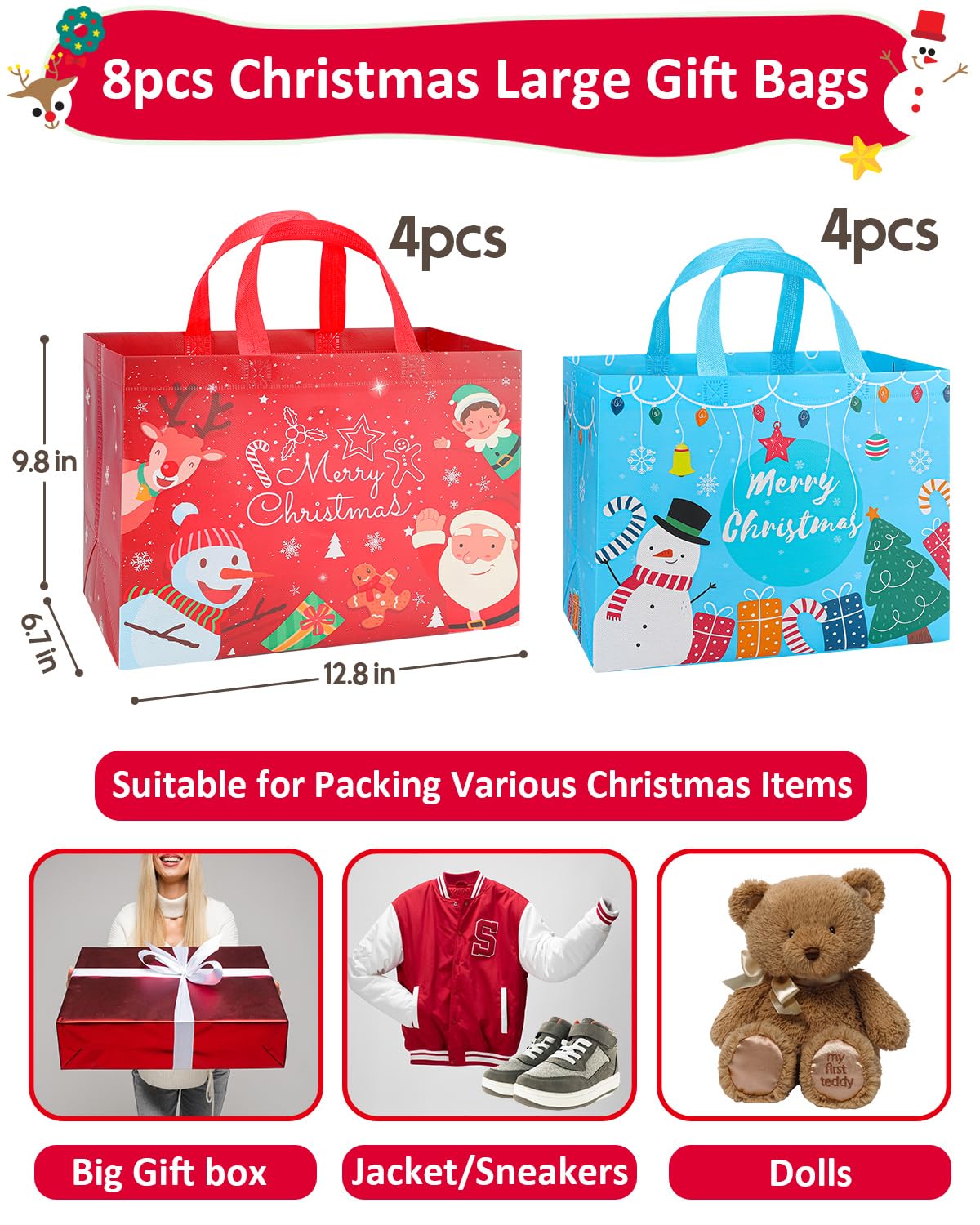 Bolsas de regalo de Navidad, 8 bolsas de Navidad con asas, bolsa de regalo de Navidad reutilizable para envolver regalos, bolsas de compras de Navidad no tejidas resistentes, bolsas de recuerdos de