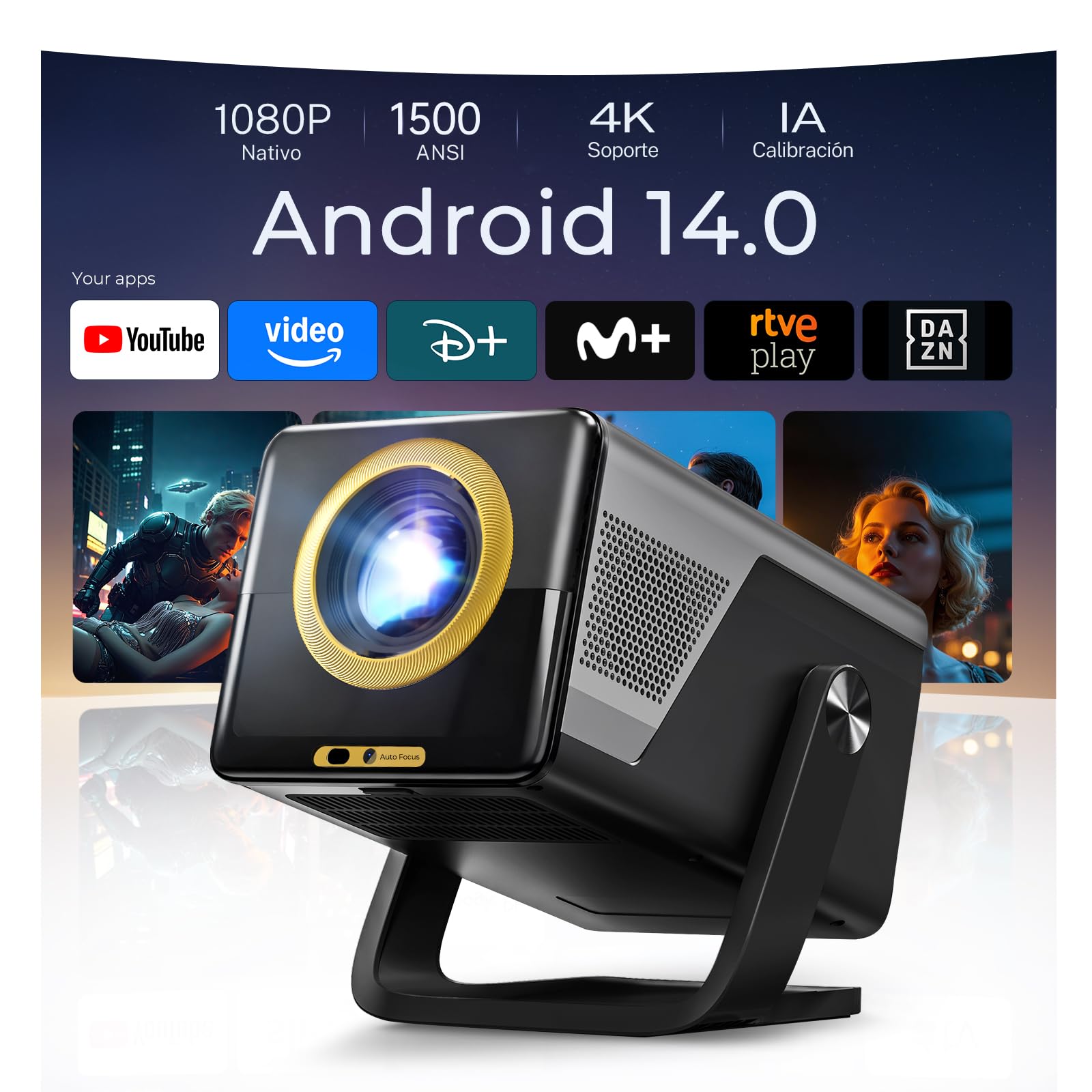 [1500 ANSI] Proyector Inteligente 1080P Nativo - Soporte 4K, Android 14