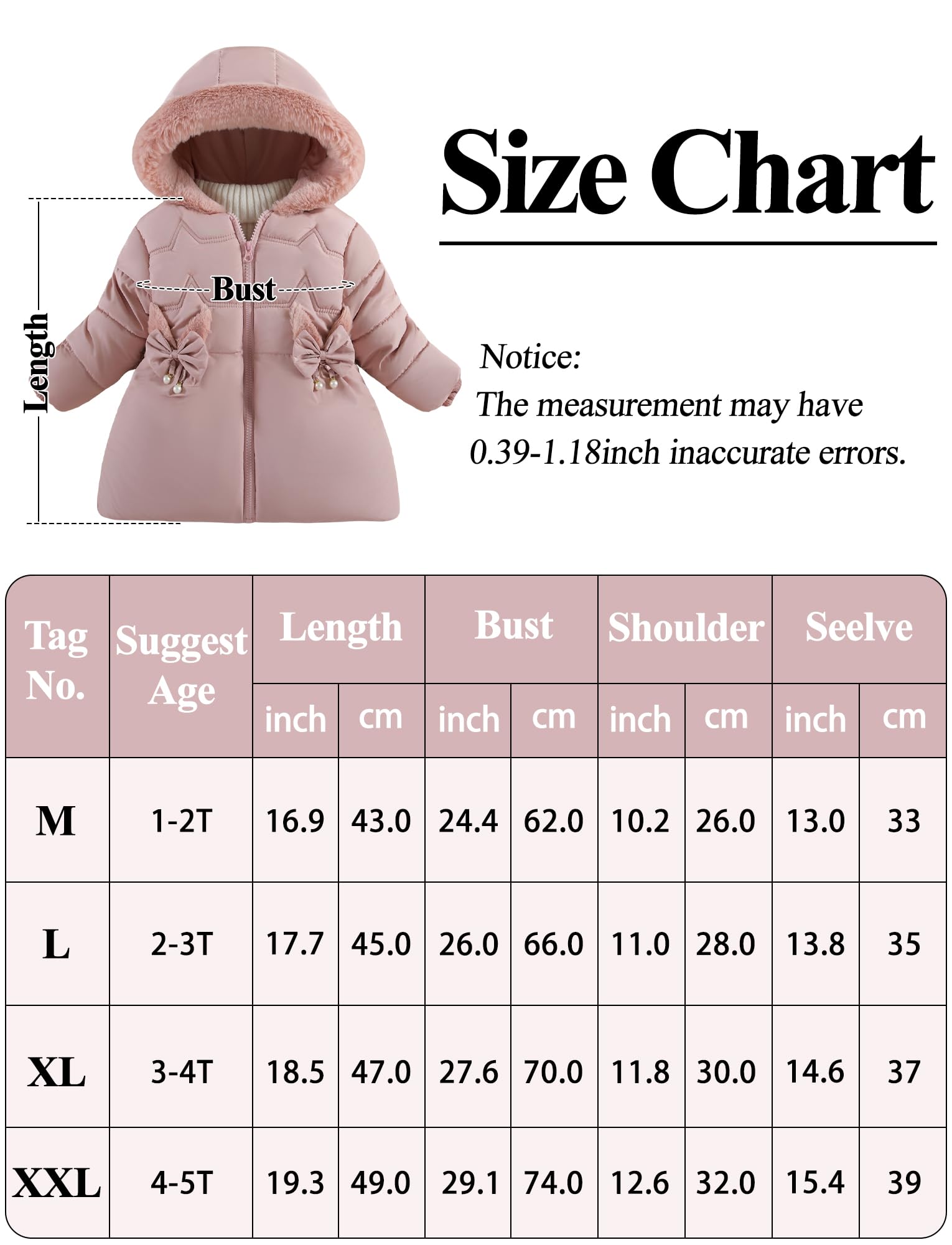 Maeau - Abrigo de Plumas Niña con Capucha Invierno Chaqueta de Algodón Cremalleras Parker Abrigo Forro Polar Plumífero Cálido con Bolsillo Pajarita 1-5 Años