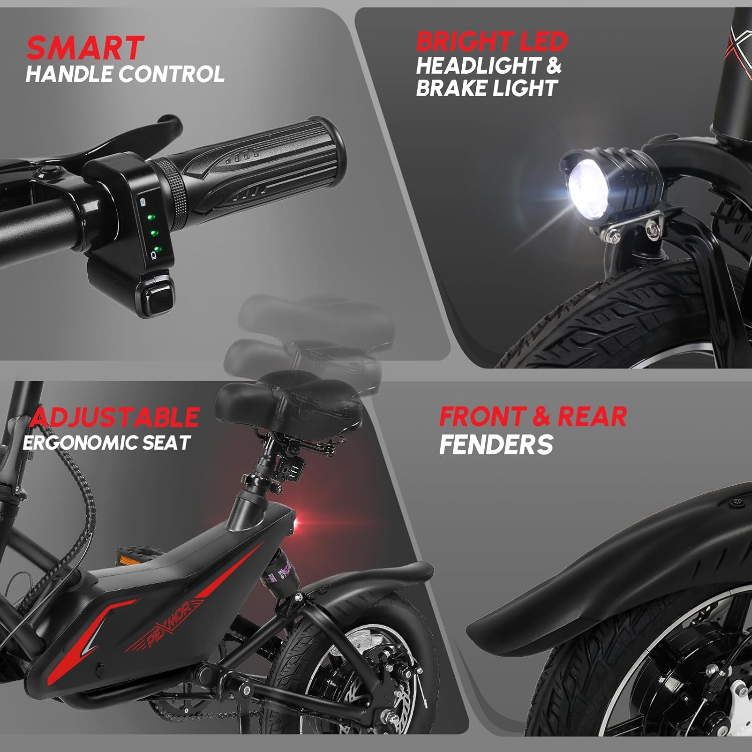 PEXMOR Electric Bike handlebar controls, headlight, and adjustable seat
