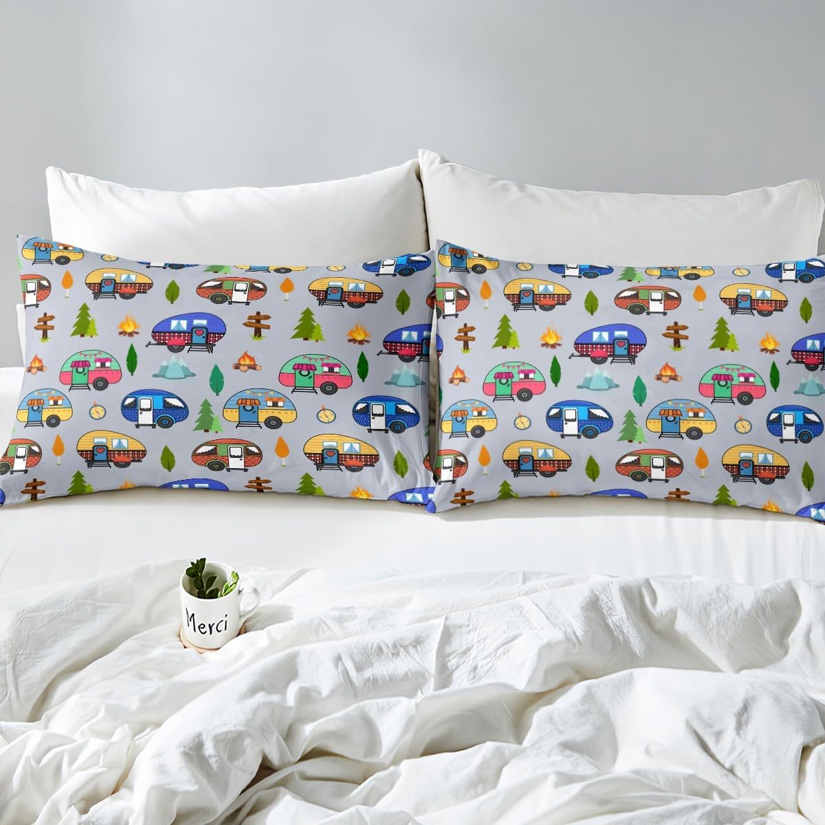 jejeloiu Happy Camping Decor Duvet Cover,Boys Girls Toddler Size Camping Gifts Bedding Set,Ultra Soft Outdoor Travel Comforter Cover Set,Travel Trailers Themed Bedspread Cover Room Decor,No Comforter image 4