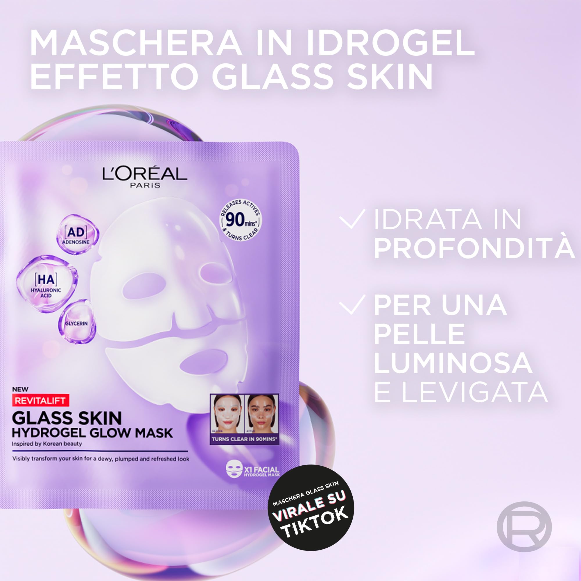 L'Oréal Paris Glass Skin Maschera in Idrogel, Per Tutti i Tipi di Pelle, Pelle Luminosa e Radiosa, Risultati Istantanei, Trend Coreana, Con Acido Ialuronico e Centella Asiatica, Revitalift, 1x37gr