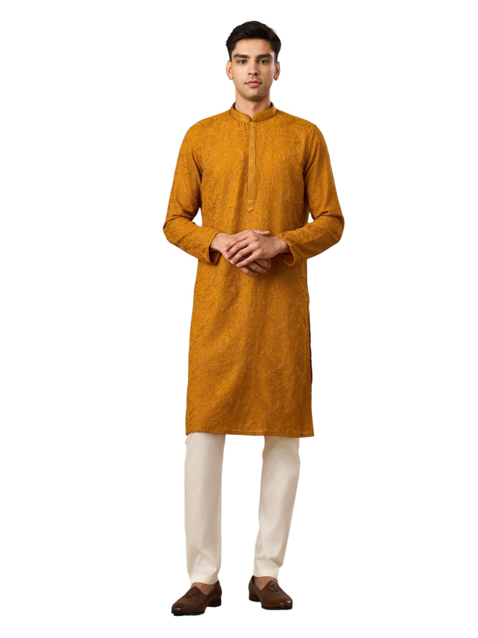 manyavar Men's Georgette Embroidered Traditional Kurta Churidar Set (2pcs)-picture-13