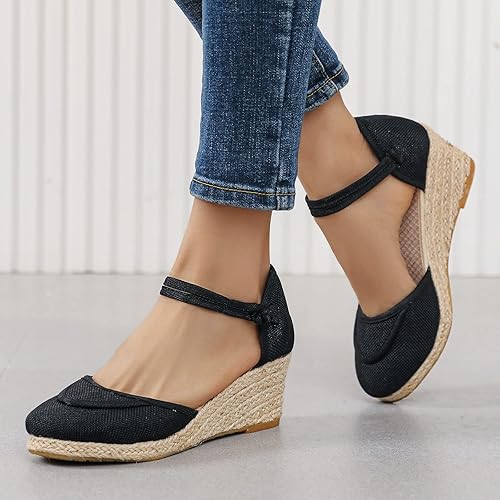 Womenyiaor Sandalias de cuña con punta cerrada para mujer, alpargatas, negras, 8.5