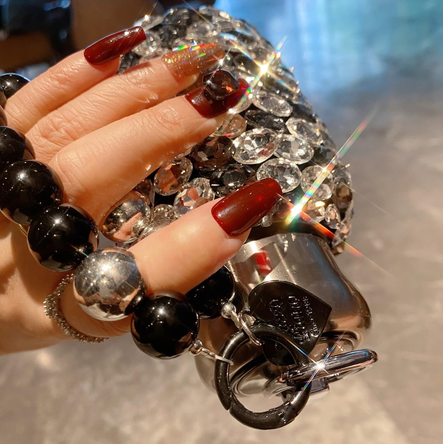 Diamond Water Bottle Rhinestone Stainless Steel Bling Vacuum Flask Refillable Insulated Thermal Bottle Glitter, Pearl Bracelet for Women -Camellia Black