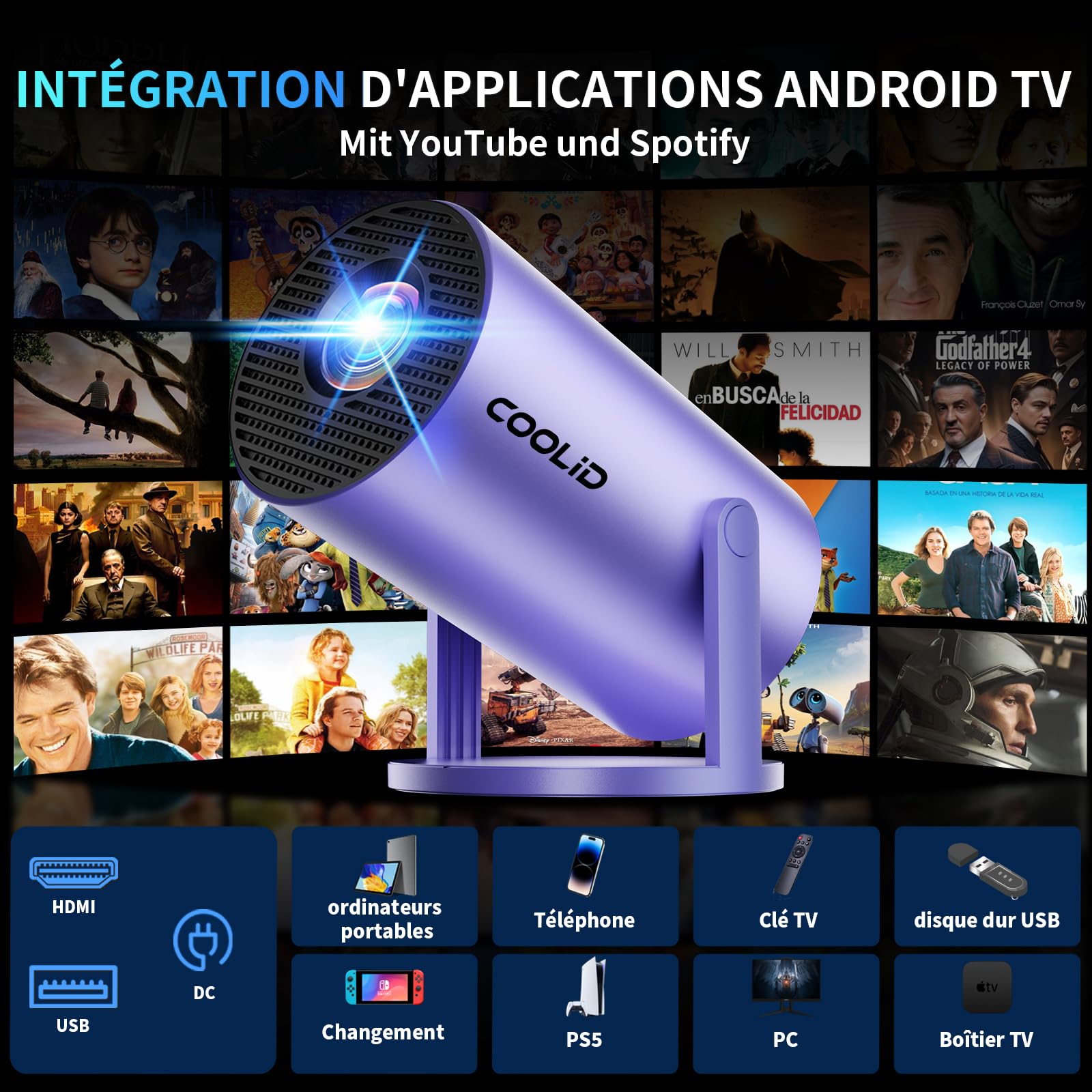 [Apps intégrées & 2026 Upgraded] Mini Vidéoprojecteur Supporte 4K 1080P avec 5G WiFi 6 Et BT 5.2 Le Projecteur Soutien Rotation 180° Portable Projecteur Video Applicable Laptop/HDMI/TV Stick,Violet