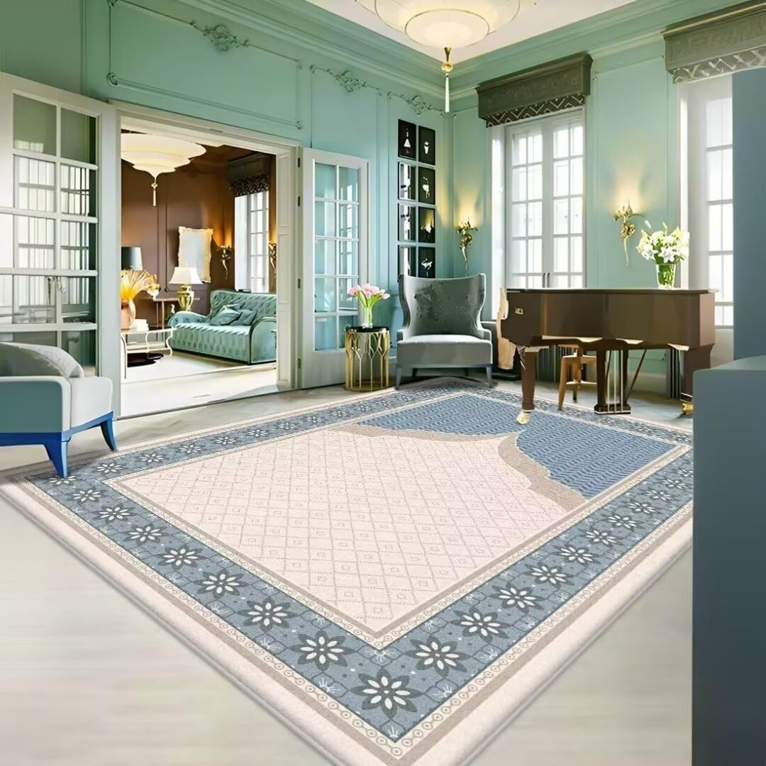 Grand tapis salon 120x180cm au design créatif floral bleu