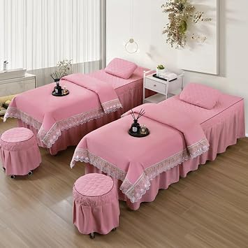 4Pcs Beauty Salon Bedding Set, Breathable Massage Bed Sheet with Face Hole, Lightweight Table Cover & Skirt for Facial, Lash Extension, Spa SalonPink,190x80cm75x31inch