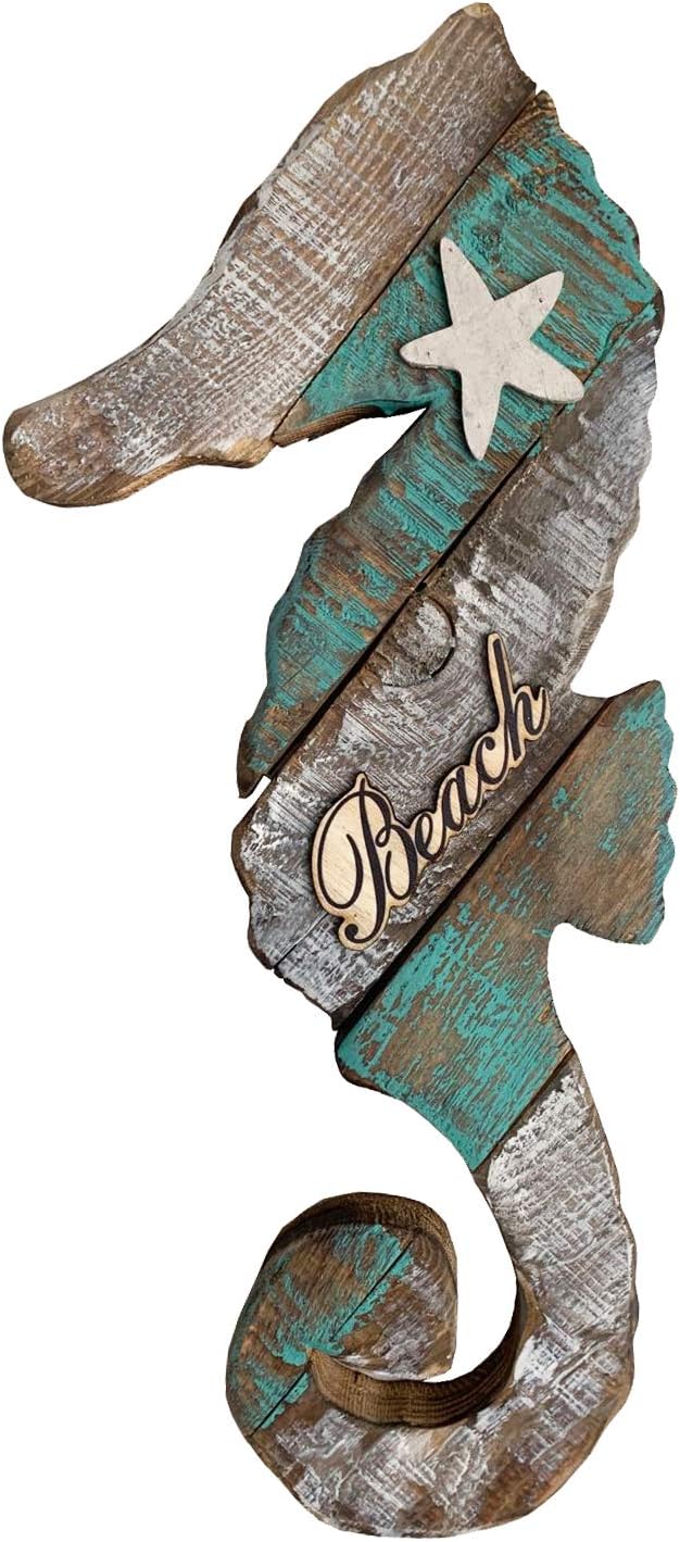 Rustic Seahorse Wall Decor,Wood Seahorse Wall Hanging Ornament Beach Nautical