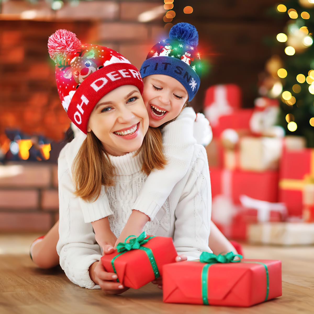 Sombrero de Navidad de punto LED, 2 piezas de gorro de Navidad Gorro de invierno, nieve, vacaciones, para niños, hombres, mujeres, niños, niñas, festival de Navidad, fiesta de cumpleaños