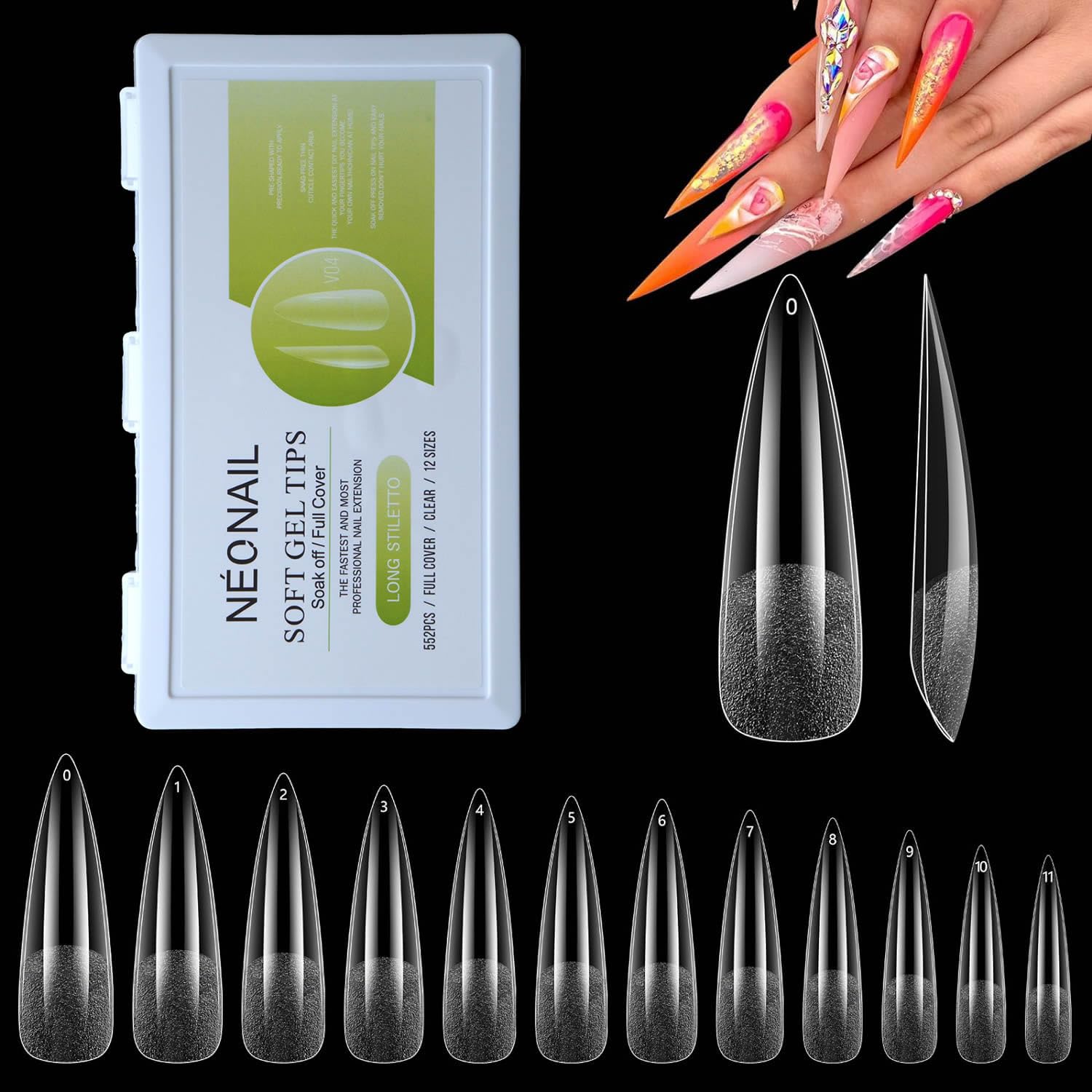 NEONAIL Gel Nail Tips Long Stiletto Shape, 552Pcs Pre Shaped Soft Gel Nail Tips Clear Full Cover False Nails for Gel Nail Polish Soak Off Easy Nail Extensions Acrylic Fake Nails