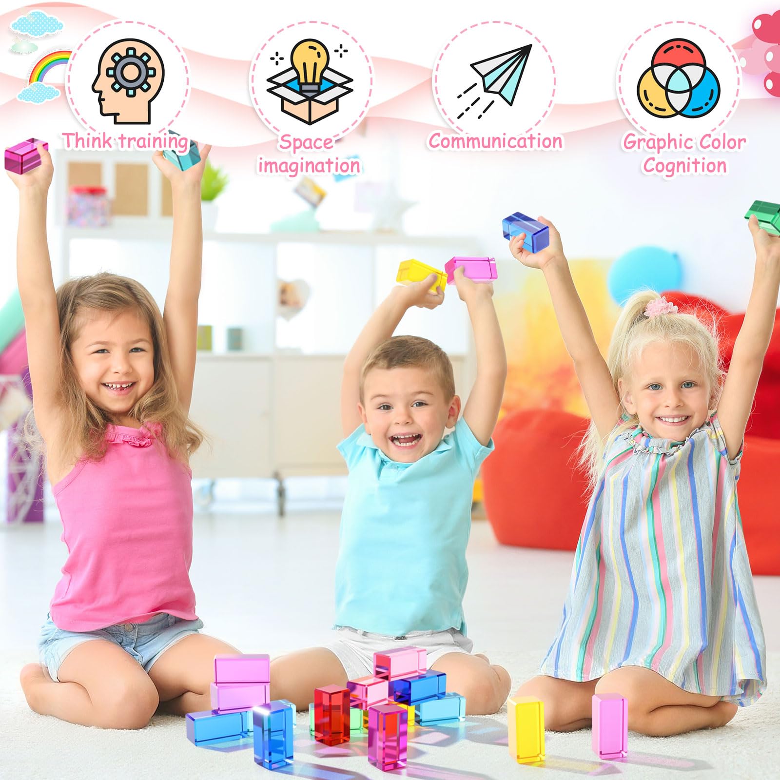Meooeck 20 cubetti di gemme acriliche traslucide arcobaleno, blocchi da costruzione, ombre di cristallo, impilabili, giocattoli da tavolo per scuola, aula scolastica, forniture educative (5 x 2,5 x