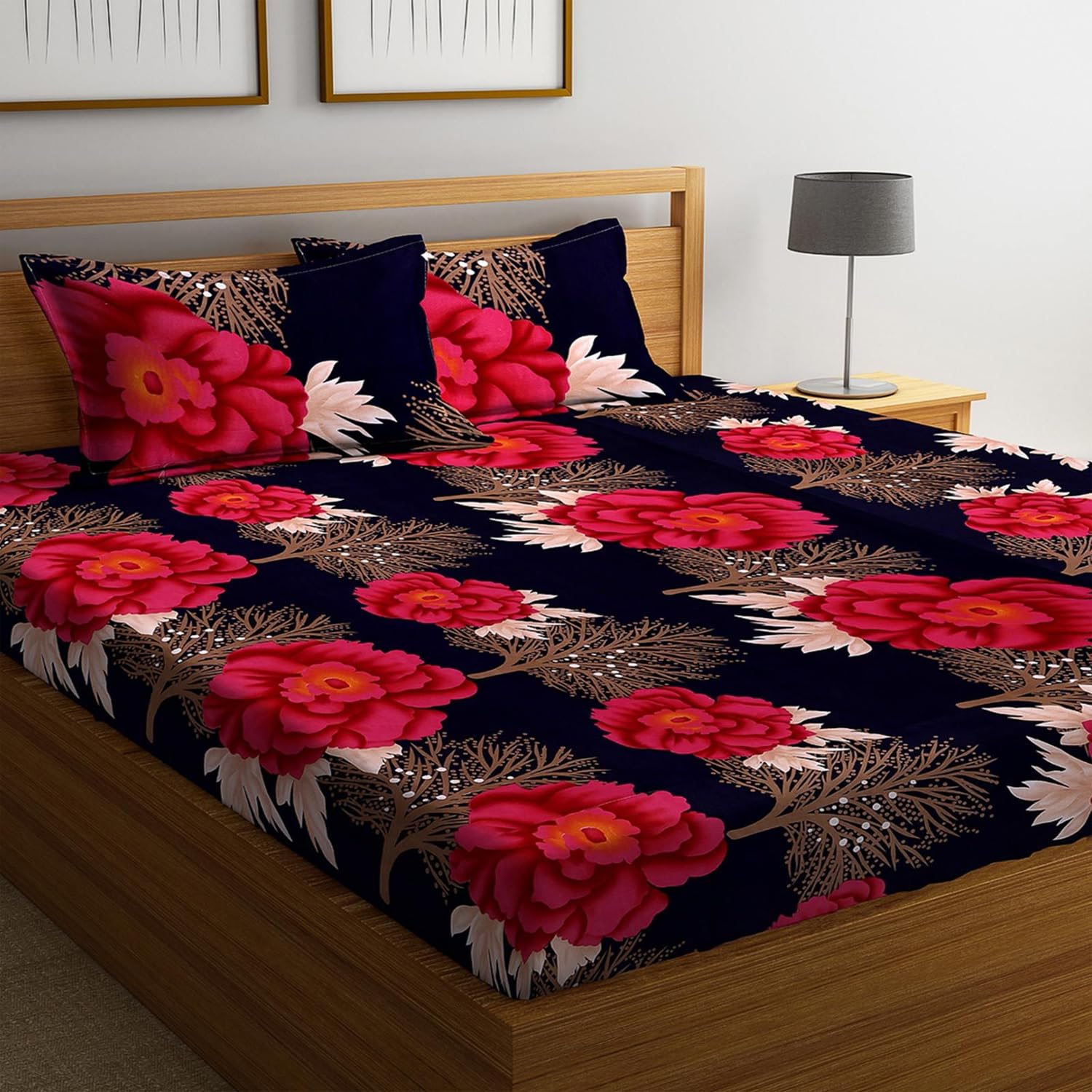 Polycotton 220 TC Floral Printed King Size Double Bedsheet with 2 Pillow Covers, (90 x 90 Inches,) Blue Red-image-40
