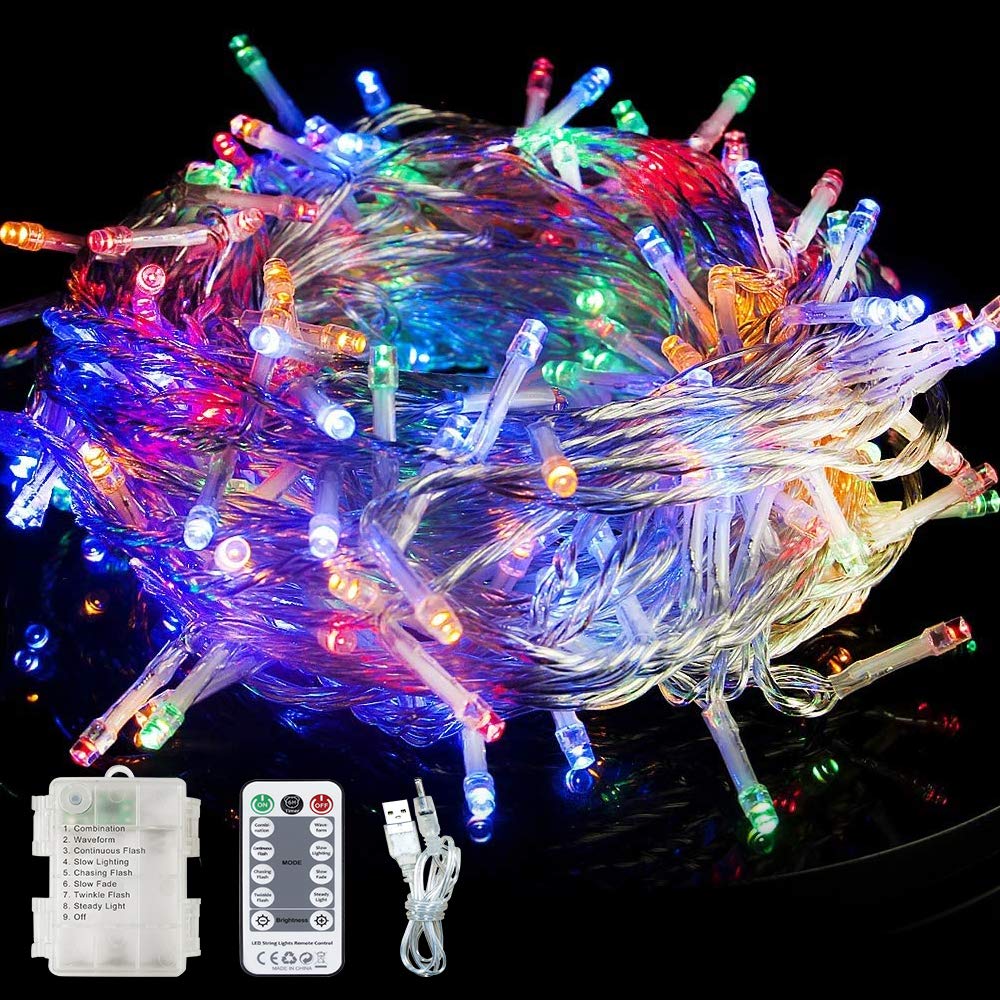 Fairy Lights Battery Powered/USB Powered, 13M/42Ft 120 LED Waterproof String Lights Mains Powered with Remote Control & Timer for Bedroom Garden Outdoor & Indoor Decoration, Multi-colored