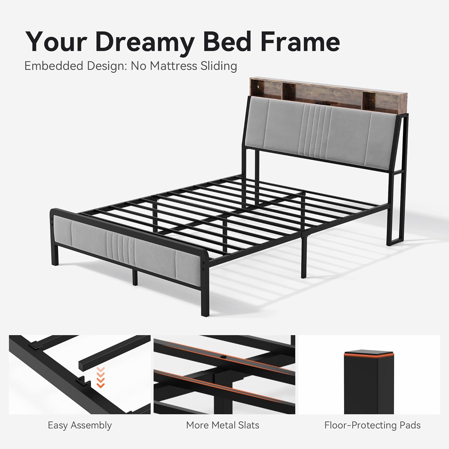 Nelaukoko Queen Size Bed Frame, Metal Platform Bed Frame with Smart LED Lights and Charging Station, Ergonomic Velvet Headboard, No Box Spring Needed, Easy Assembly - Image 7