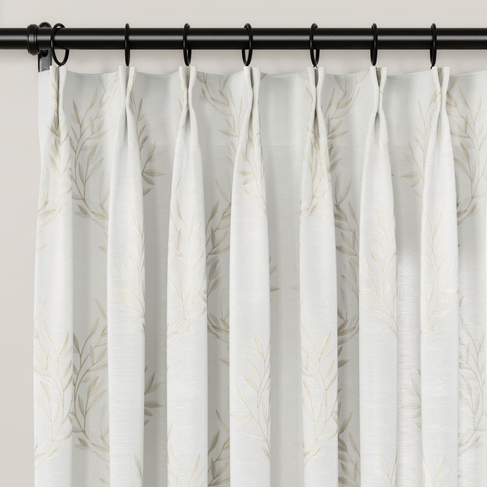 TWOPAGES Pinch Pleat Drape Leaf Pattern Embroidered Curtain Window Treatment for Kids Room Bedroom, Linen Cotton Light Filtering Curtain (Soft Yellow, 52W x 63L Inches, 1 Panel)