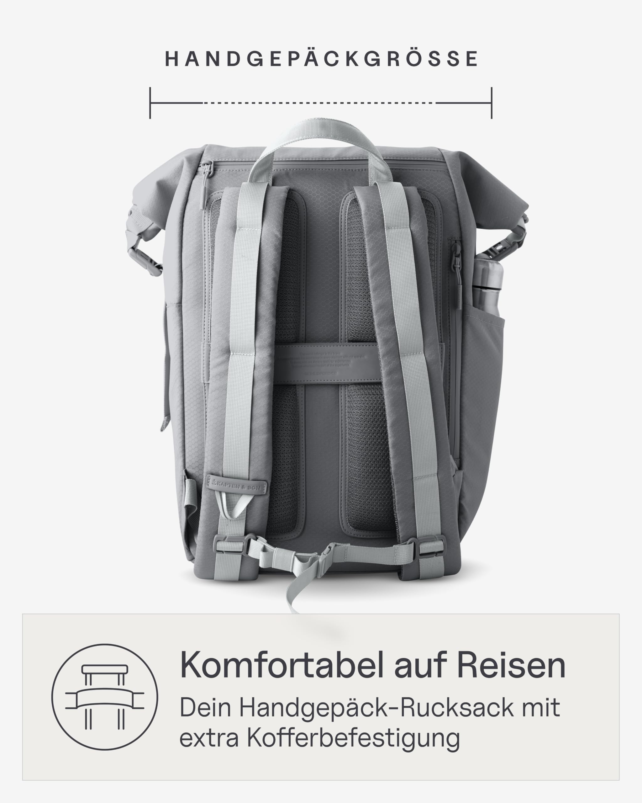 Kapten & Son Rucksack Yoho Stone Grey 24-30 L | Rolltop Rucksack Damen & Herren Grau | Handgepäckrucksack mit 14 Zoll Laptopfach & seitlicher Öffnung | Backpack ideal für Reisen, Uni, Arbeit, Sport