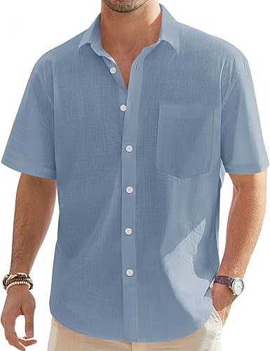 Miniatura 121 de J.VER Camisas de manga corta de lino y algodón para hombre, estilo informal, ligeras, con botones, para vacaciones, playa y verano, con bolsillo
