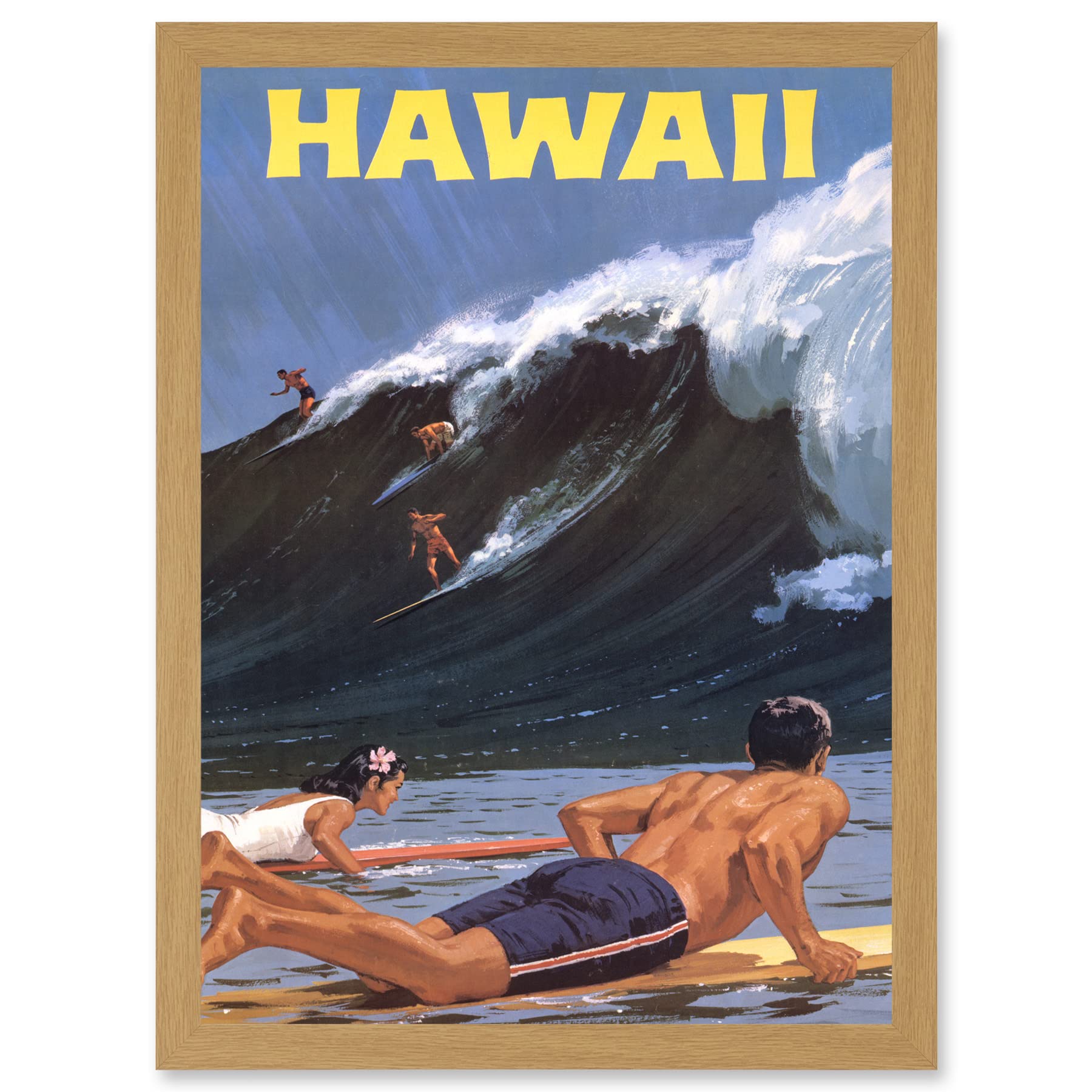Artery8 Travel Tourism Hawaii USA Surf Ocean Wave A4 Artwork Framed Wall Art Print