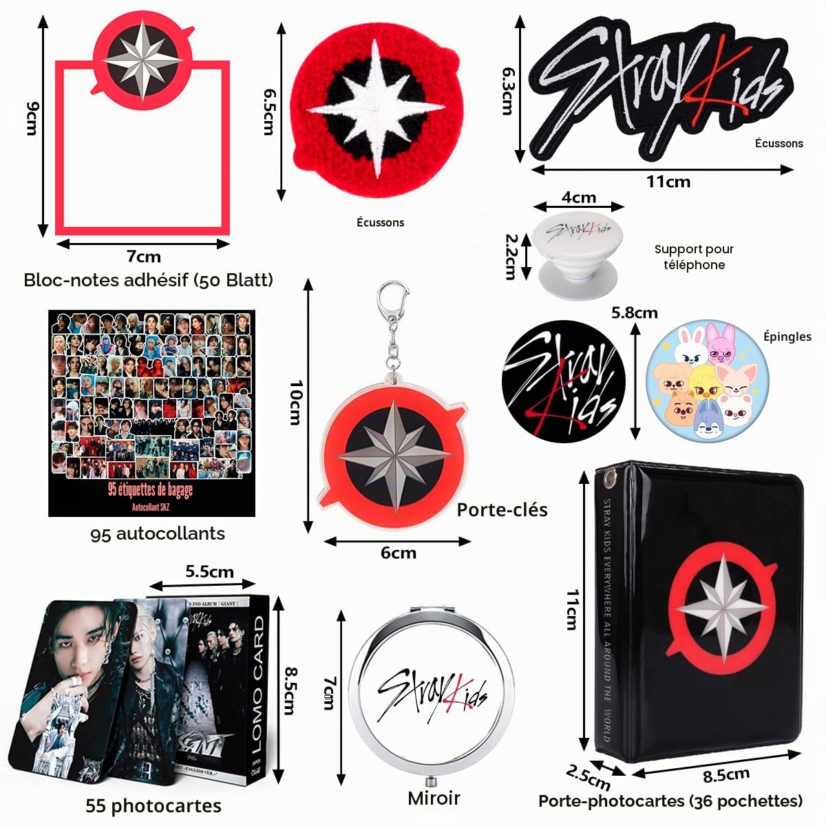 Stray Cadeaux Kit, SKZ Merch Pour Stay Avec 1 Photocard Holder, 1 Post It/50 Feuilles, 1 Miroir, 1 Porte Clef, 1support Telephone, 2 Pins, 2 Patch Thermocollant, 55 Photocards, 95 Autocollant