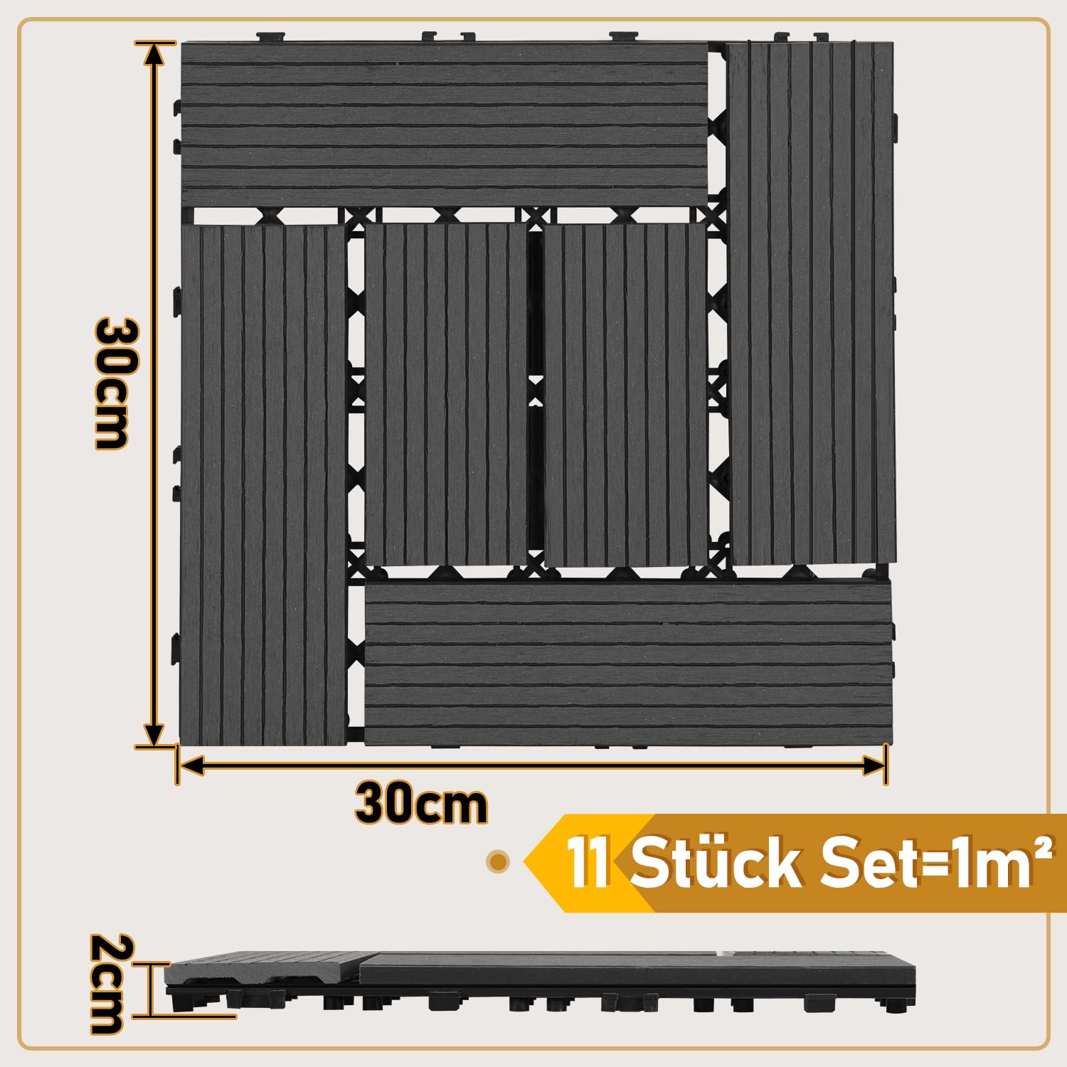 Gimisgu Baldosas para terraza de WPC, 30 x 30 cm, juego de 66 para 6 m², azulejos de balcón con sistema de clic, suelo para balcón, terraza, resistente a la intemperie con drenaje, antracita