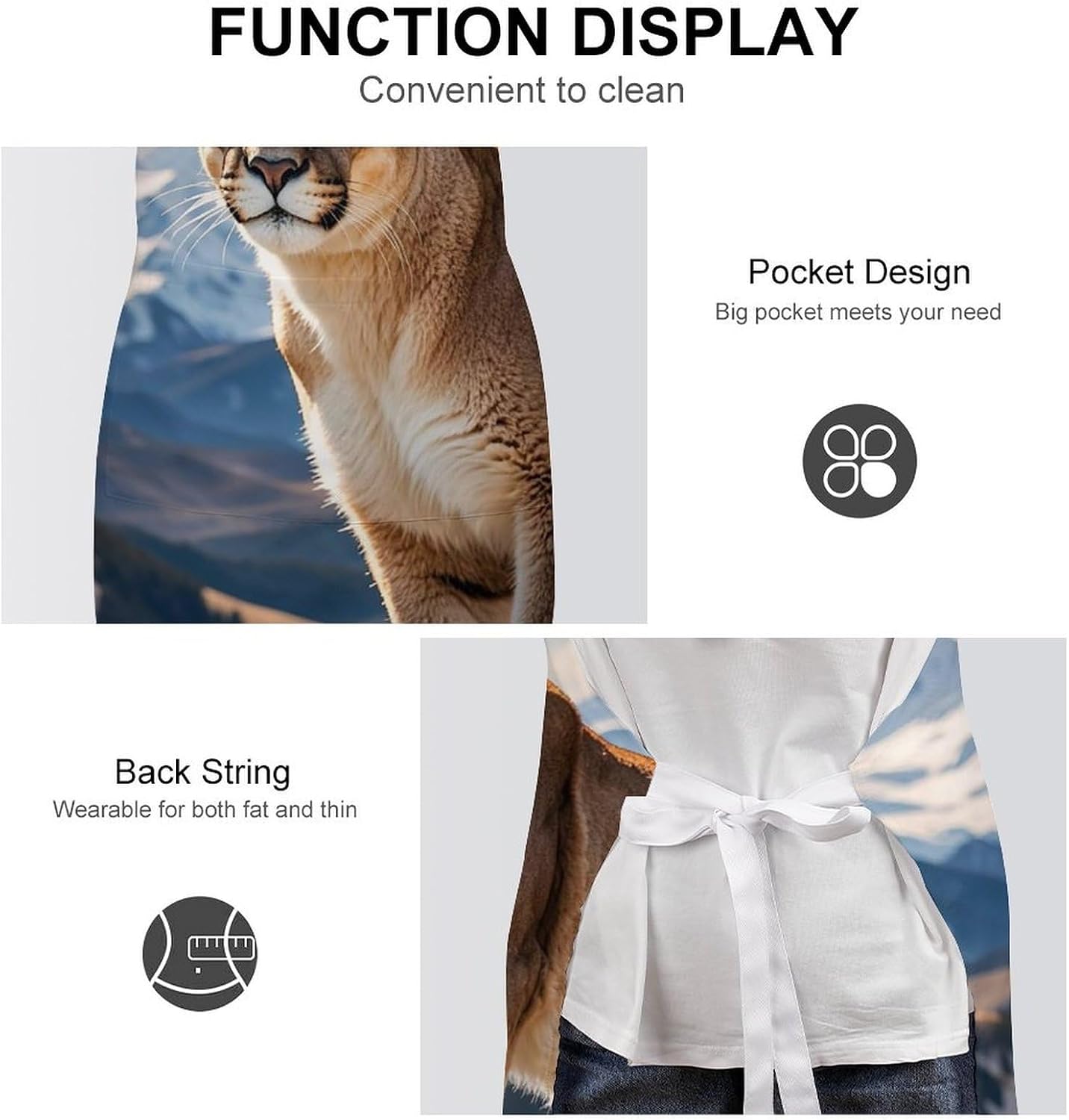 Panther & Mountain Lion Apron for Cooking Kitchen Chef Aprons with Pockets Unisex Professional Adjustable Bib Aprons Restaurant Waterdrop Resistant Apron for Men Women Waiter