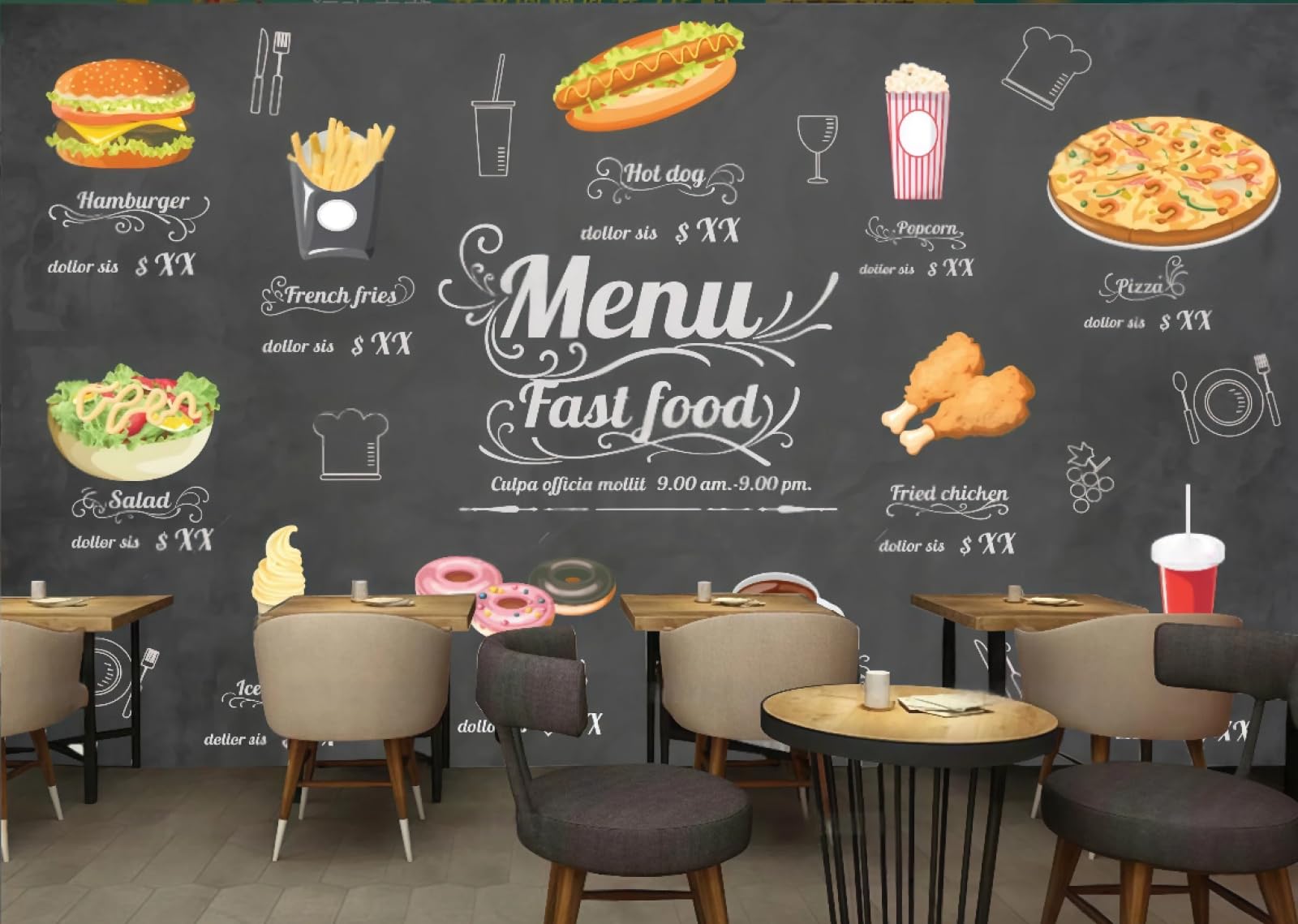 rskjdghshd Wallpaper Blackboard Hand-Painted Burger Fried Chicken Pizza Fast Food Restaurant Western Restaurant Living Room Background Wall Wallpaper Drink Coffee Shop Mural,3D,430x300cm