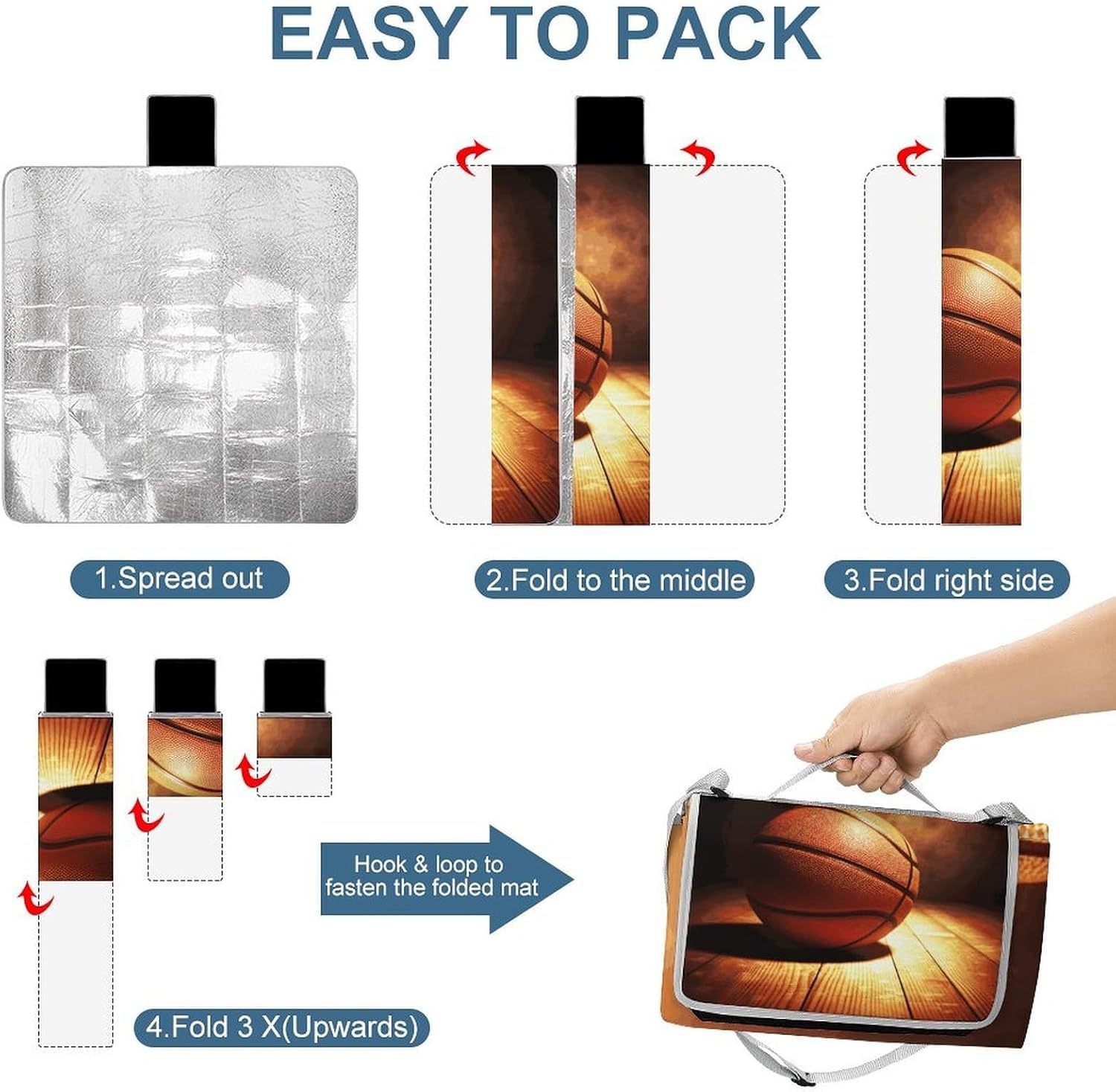 Basketball Background Waterproof Picnic Blanket 58.3''x58.3'',Portable and Foldable Picnic Mat with Handle,Outdoor Blankets for Lawn Park Beach Travel