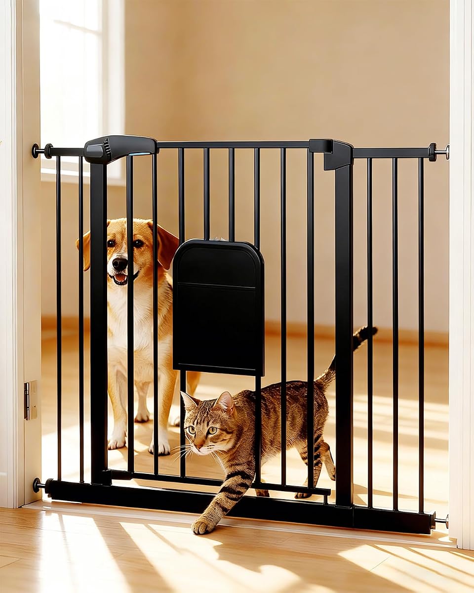 Pet Gate with Adjustable Cat Door, 31–46 Inch Pressure Mounted Dog Gate for Doorways, Stairs and Hallways, Auto Close Walk Through Metal Gate, No Drilling, Black