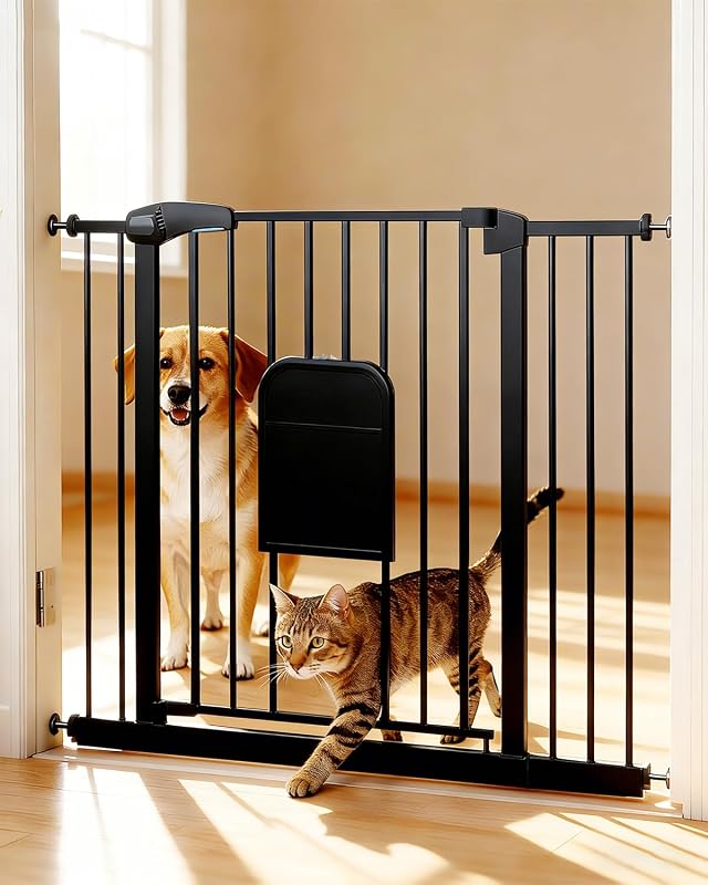 Pet Gate with Adjustable Cat Door, 31–46 Inch Pressure Mounted Dog Gate for Doorways, Stairs and Hallways, Auto Close Walk Through Metal Gate, No Drilling, Black
