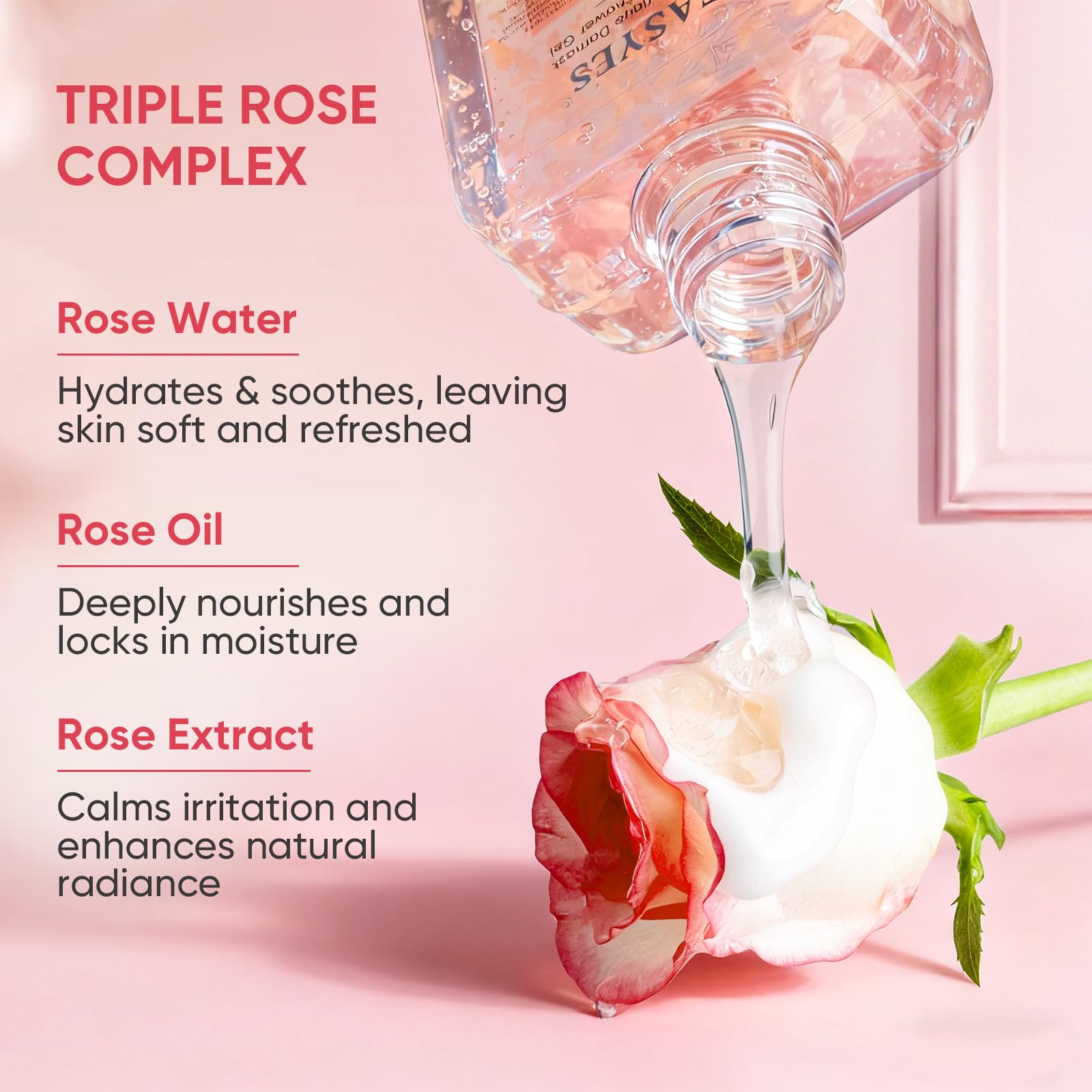 Easyes Rose Elixir Shower Gel for Women, Gentle Moisturising Body Wash with Triple Rose & Ceramide - Image 3