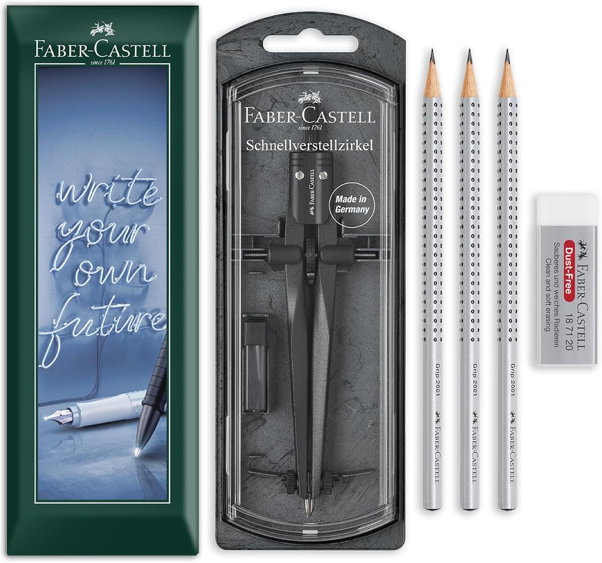 Juego de dibujo y geometría Faber-Castell | Paquete de brújula de ajuste rápido, 3 lápices de grafito HB Grip 2001 y borrador sin polvo | para Matemáticas, Dibujo Técnico, Bocetos | en embalaje de regalo sobre (piedra negra)