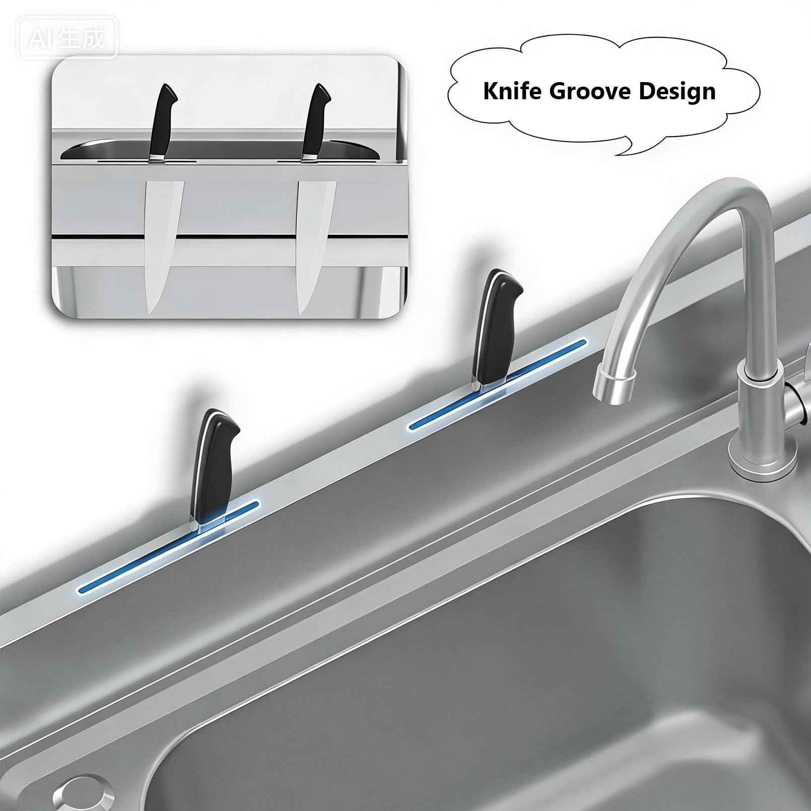 Évier Utilitaire autoportant en Acier Inoxydable, évier Commercial à Une cuve avec Plan de Travail, étagère de Rangement, Robinet d'eau Froide et Porte-Couteaux pour Restaurant, GA